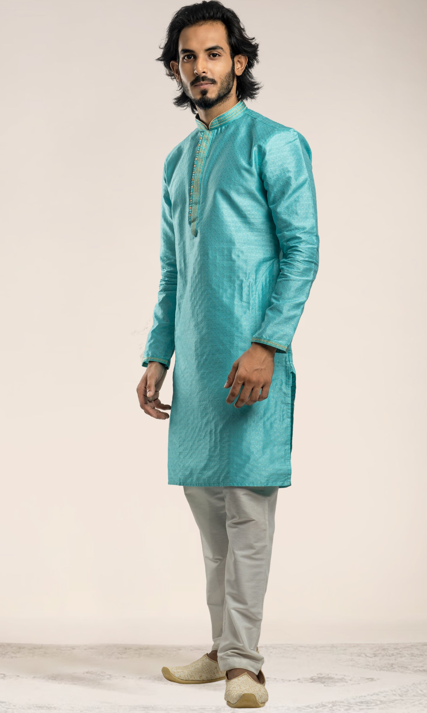 TURQUOISE HARLEQUIN STYLE WEAVED KURTA WITH THREAD WORK EMBRIODERY