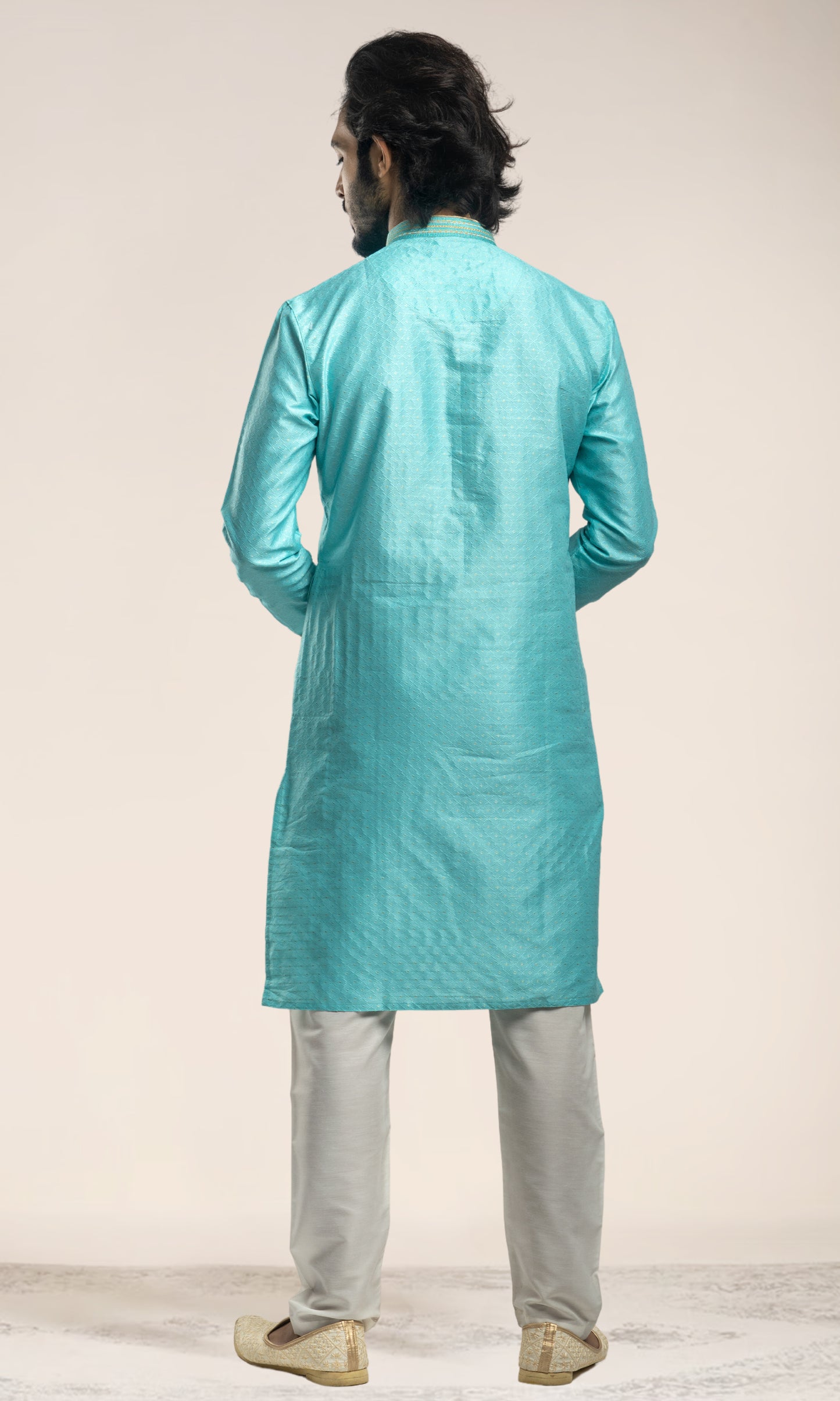 TURQUOISE HARLEQUIN STYLE WEAVED KURTA WITH THREAD WORK EMBRIODERY