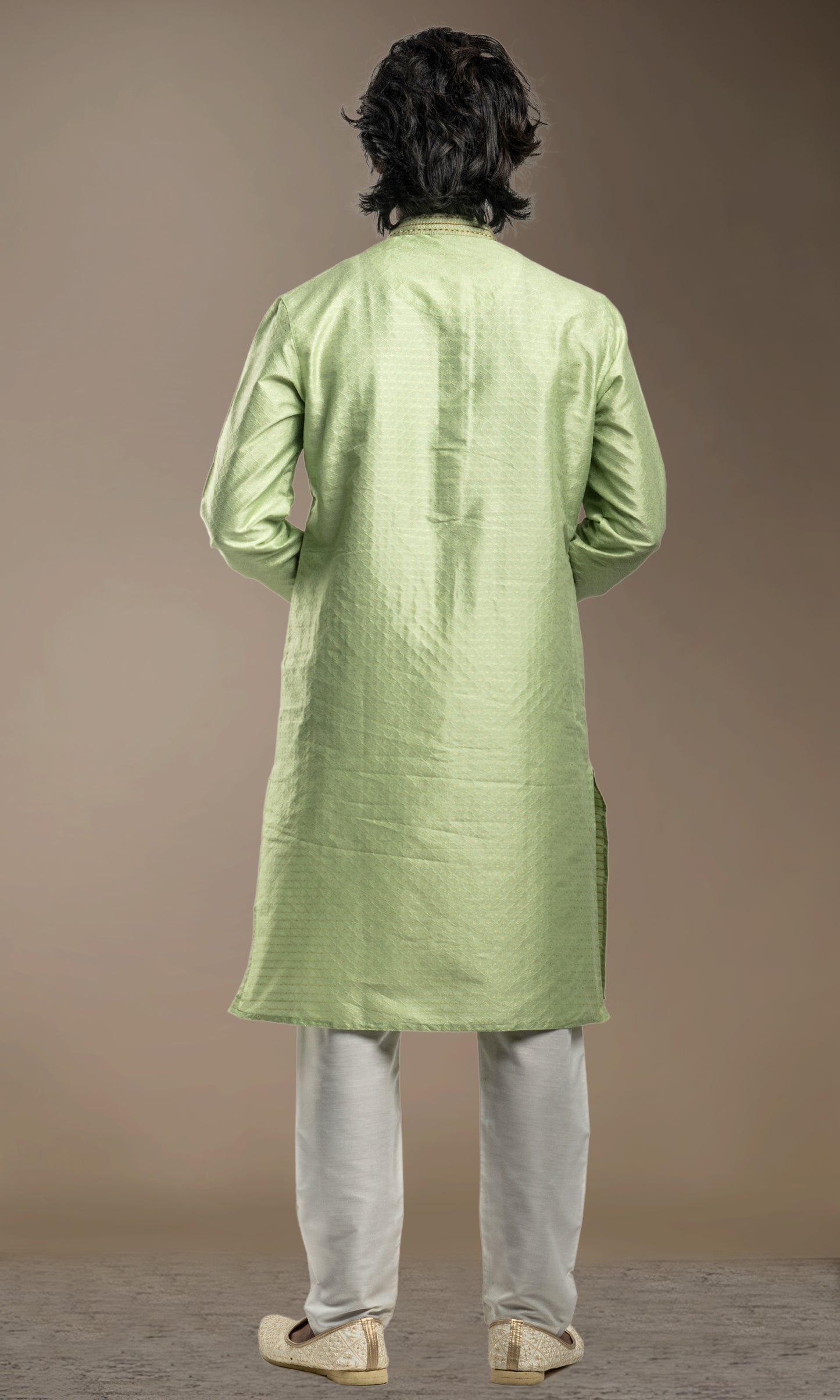 LEAF GREEN HARLEQUIN STYLE WEAVED KURTA WITH THREAD WORK EMBRIODERY