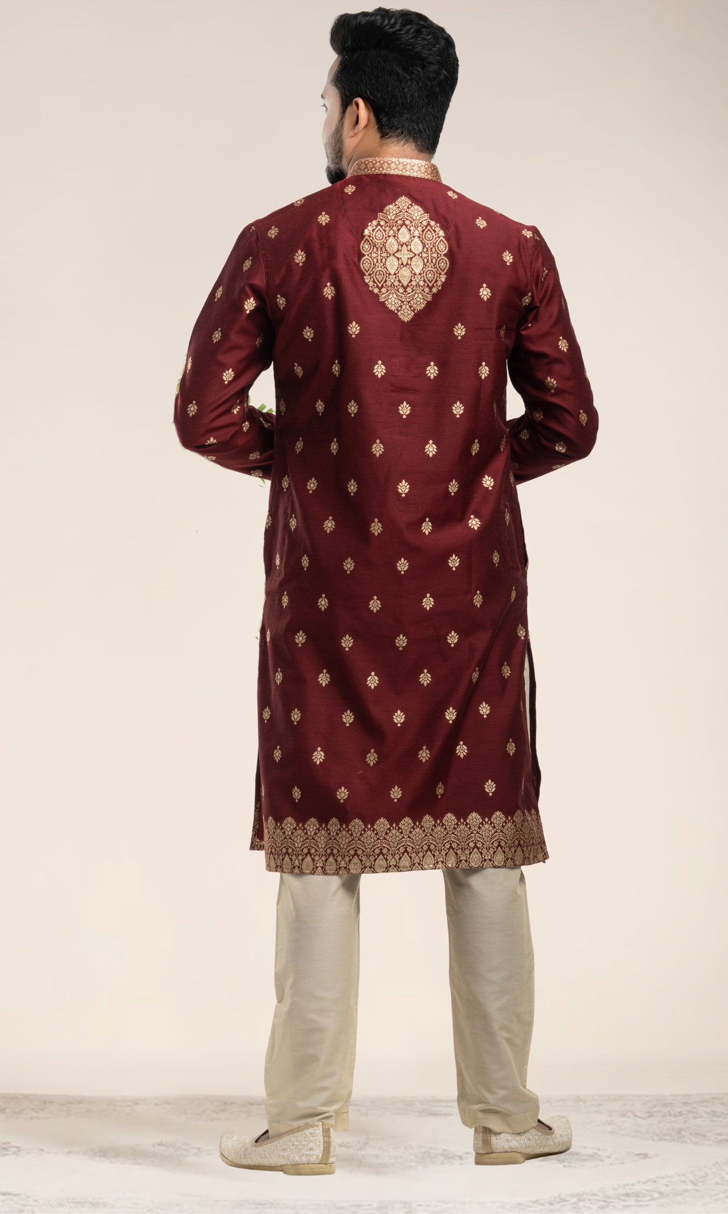 BURNT MAROON GOLDEN ETHNIC MOTIFS WEAVED KURTA