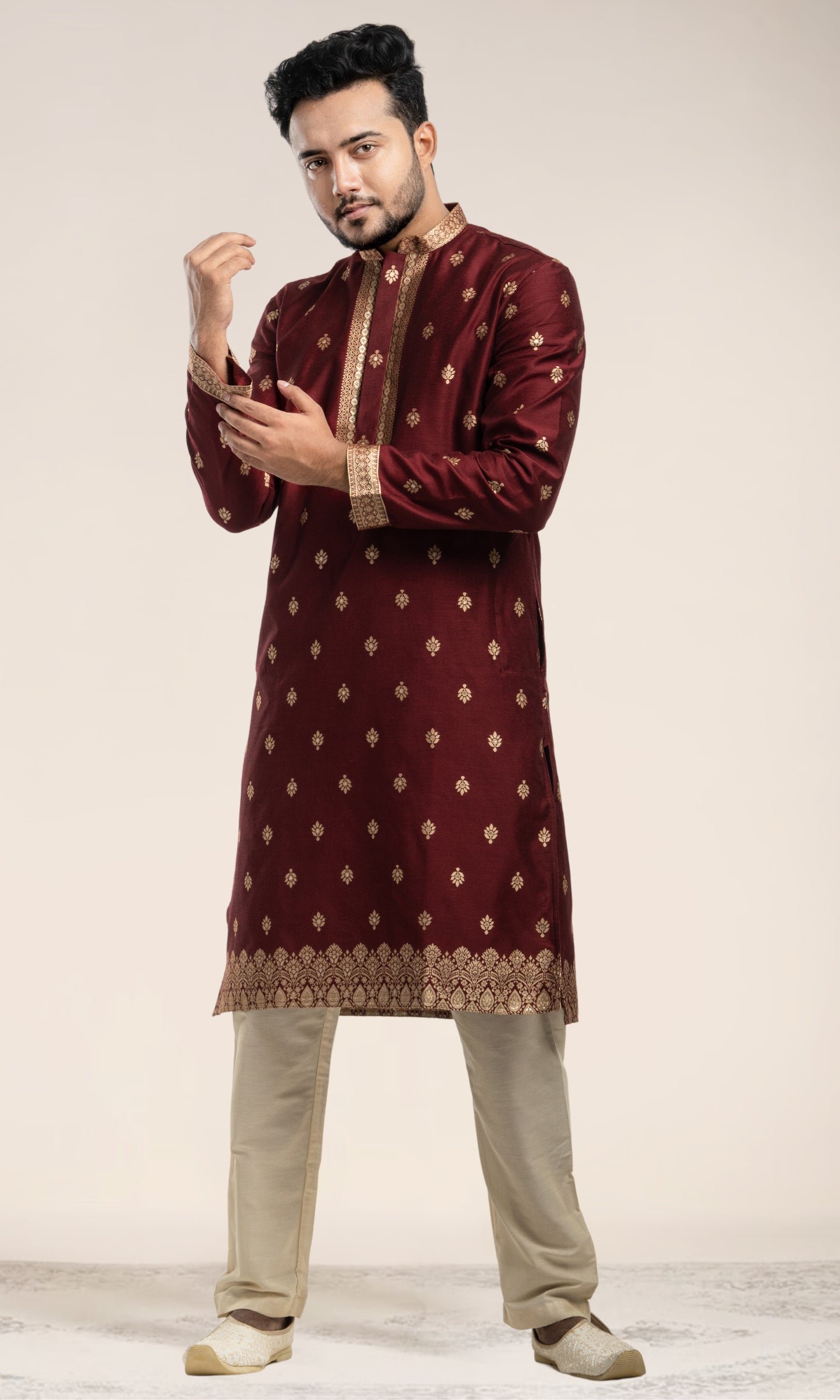 BURNT MAROON GOLDEN ETHNIC MOTIFS WEAVED KURTA