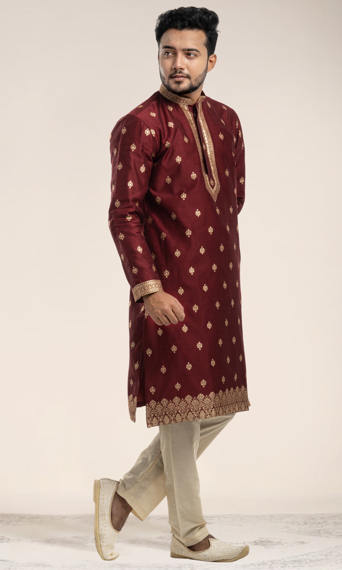 BURNT MAROON GOLDEN ETHNIC MOTIFS WEAVED KURTA