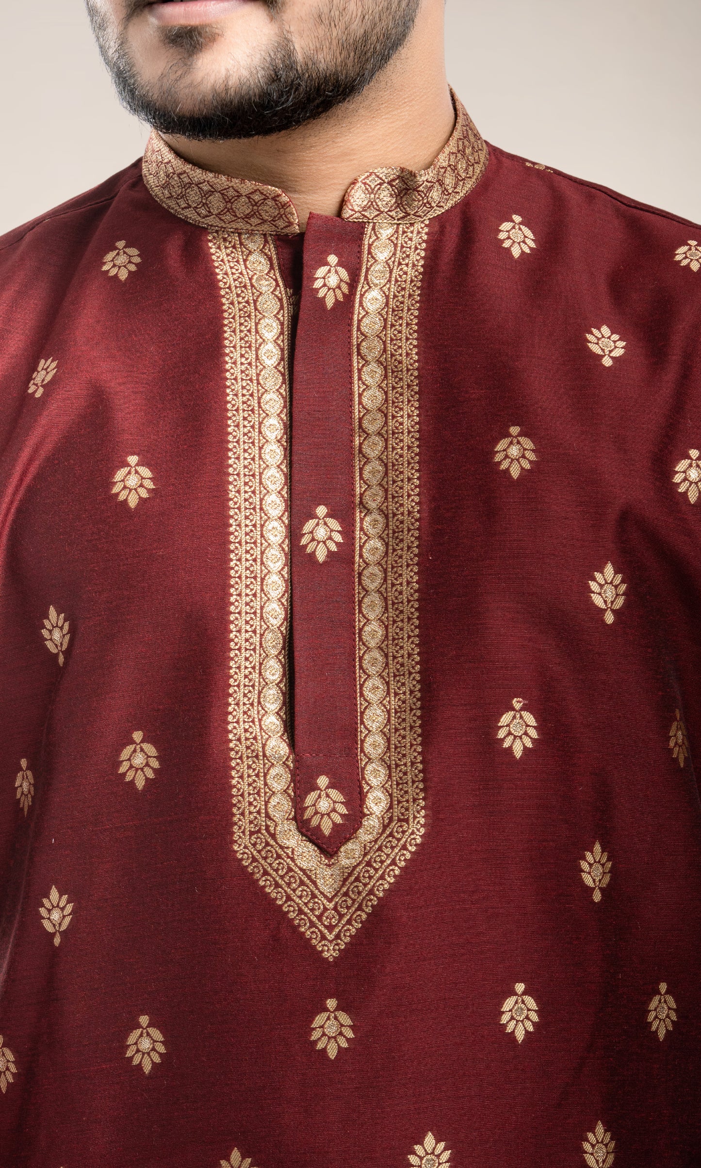 BURNT MAROON GOLDEN ETHNIC MOTIFS WEAVED KURTA