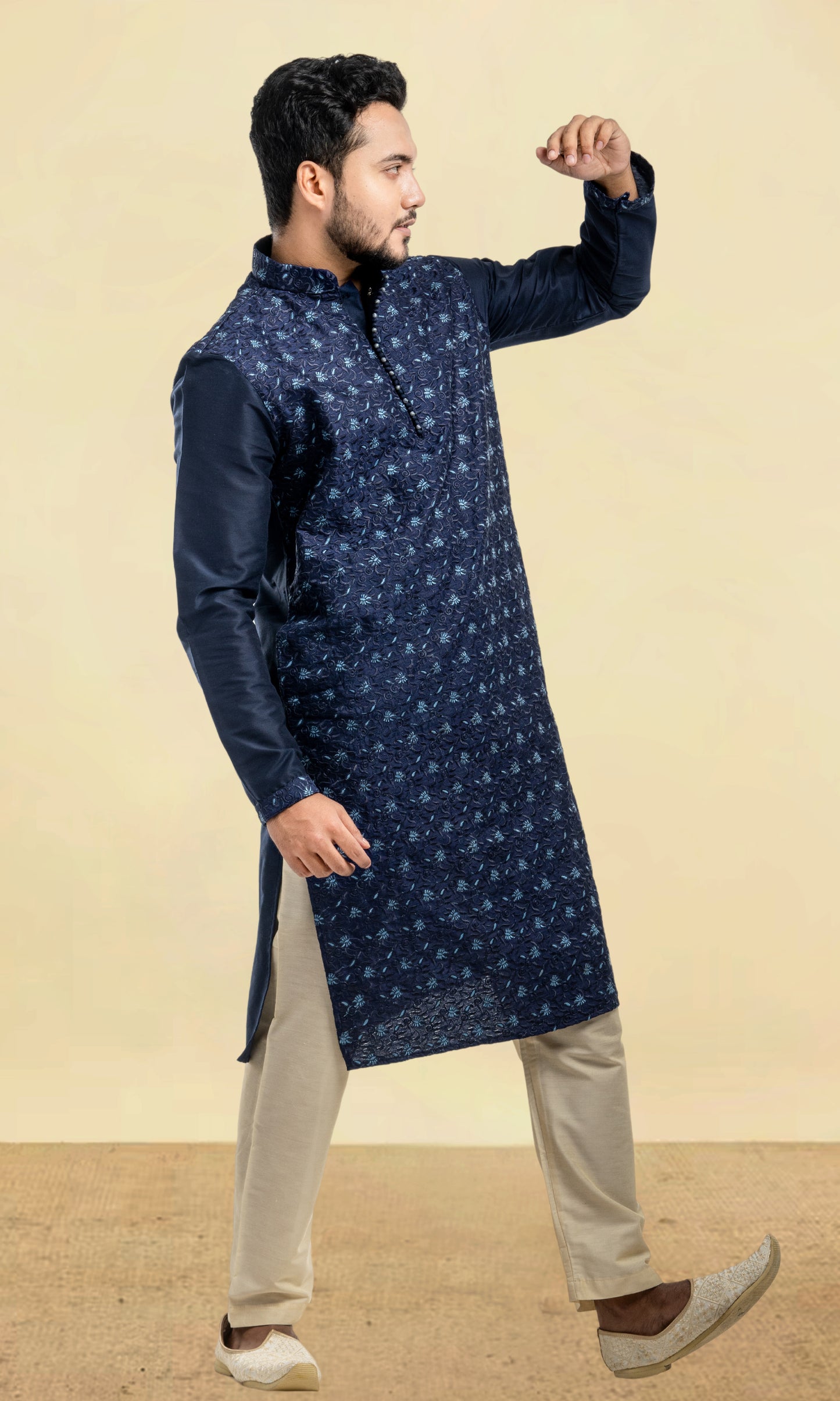 MIDNIGHT BLUE EMBROIDERED SILK KURTA WITH POTLI BUTTONS