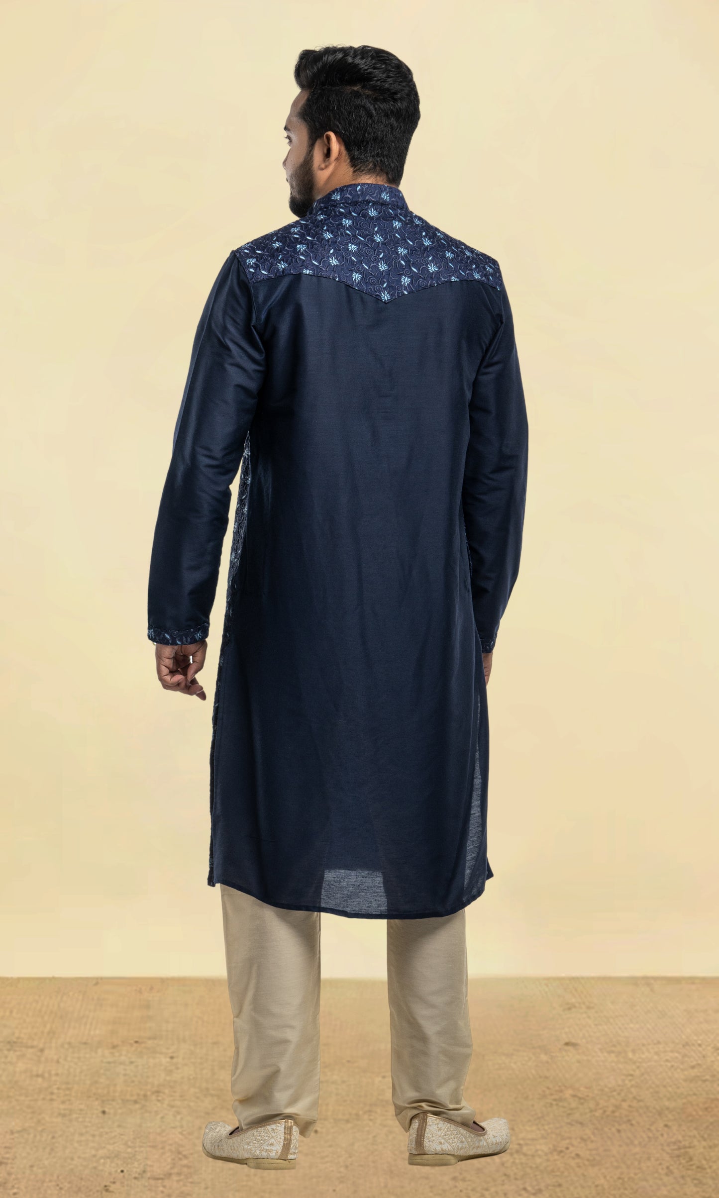 MIDNIGHT BLUE EMBROIDERED SILK KURTA WITH POTLI BUTTONS