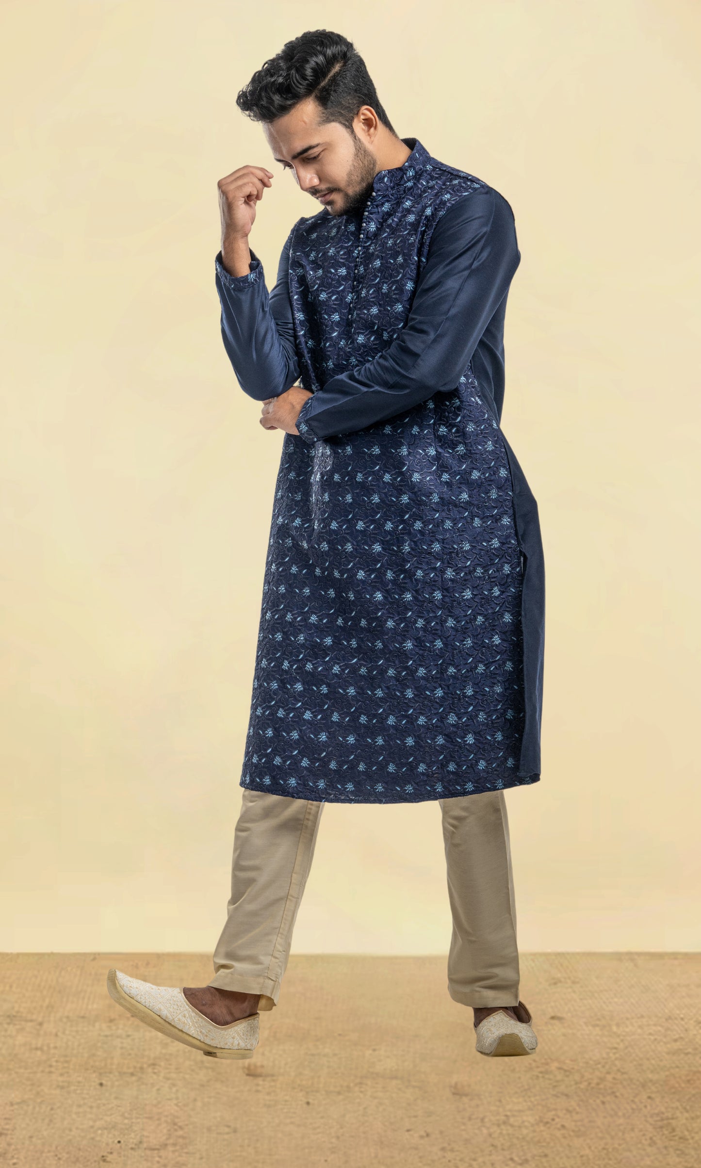 MIDNIGHT BLUE EMBROIDERED SILK KURTA WITH POTLI BUTTONS