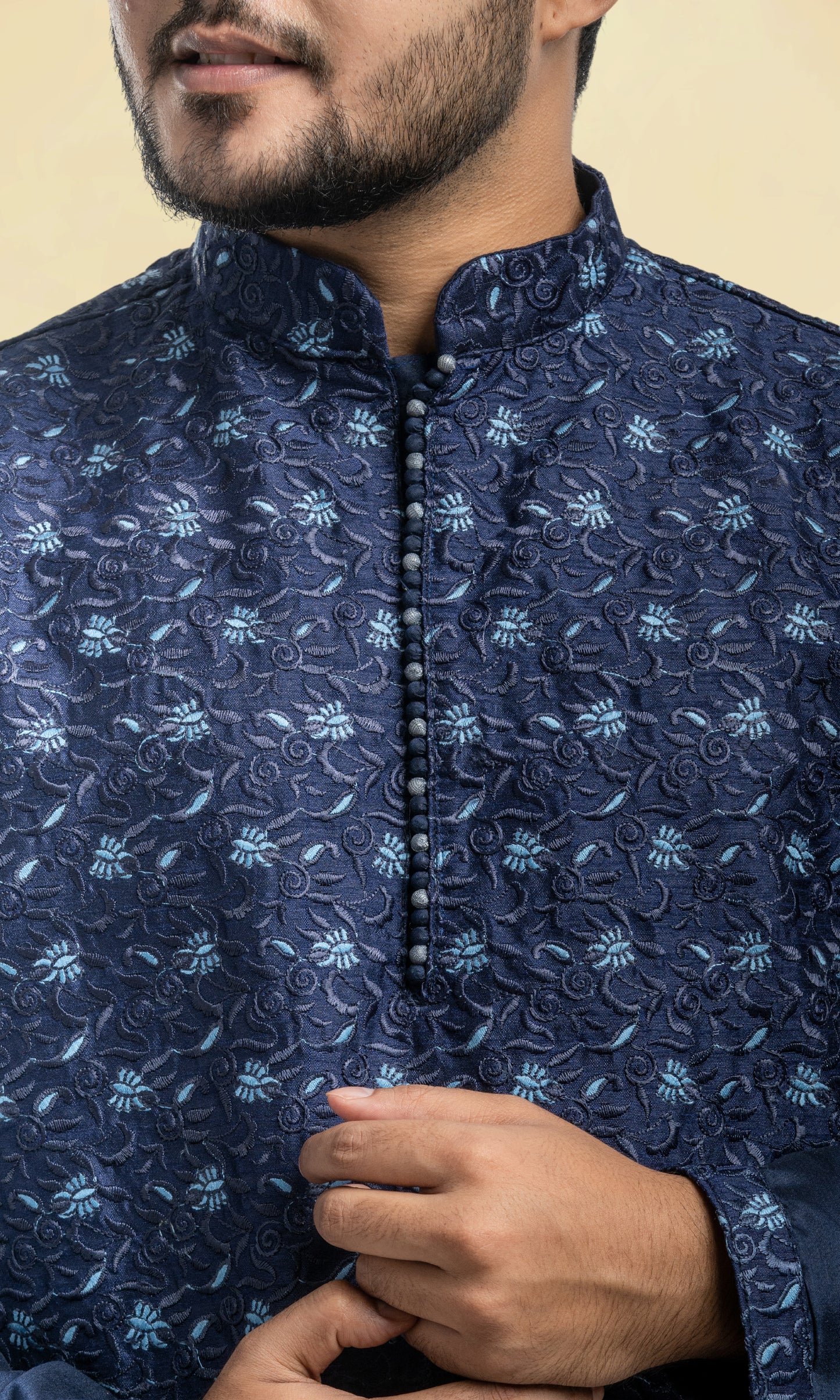 MIDNIGHT BLUE EMBROIDERED SILK KURTA WITH POTLI BUTTONS