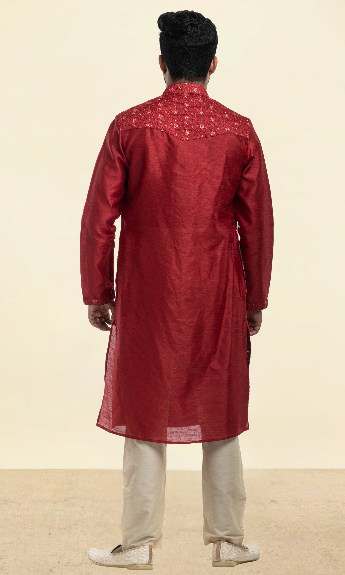 RUBY MAROON EMBROIDERED SILK KURTA WITH POTLI BUTTONS