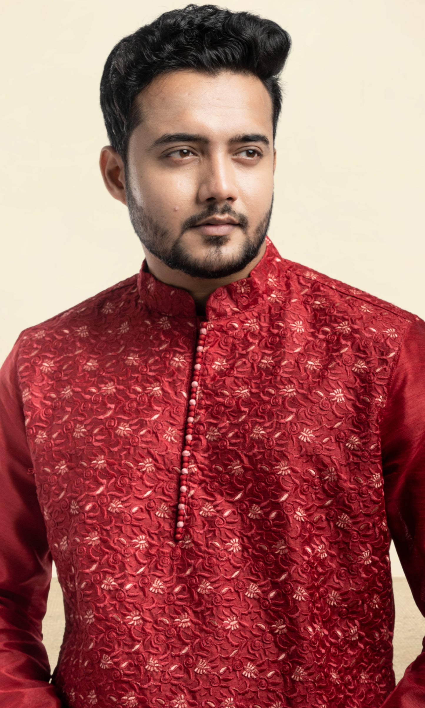 RUBY MAROON EMBROIDERED SILK KURTA WITH POTLI BUTTONS