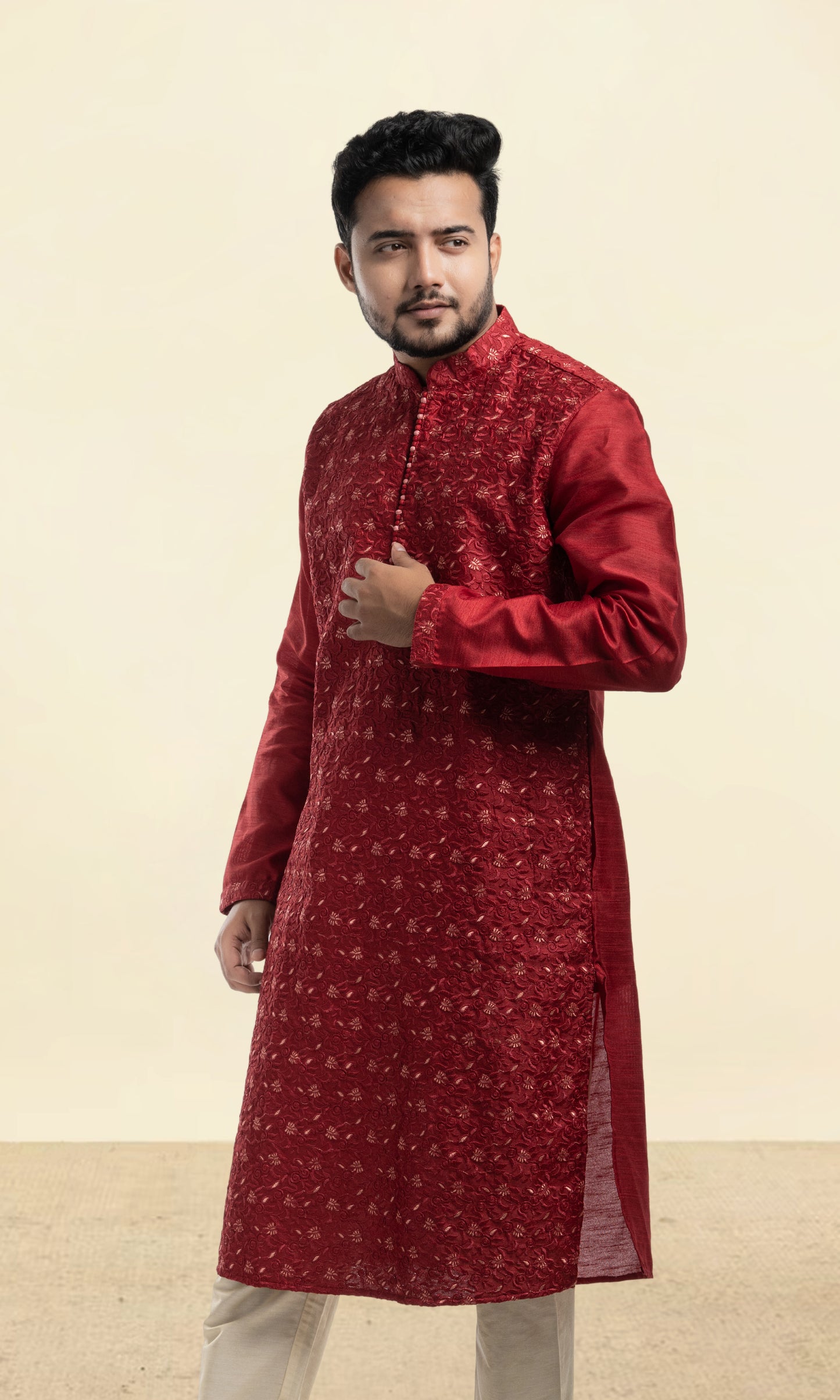 RUBY MAROON EMBROIDERED SILK KURTA WITH POTLI BUTTONS