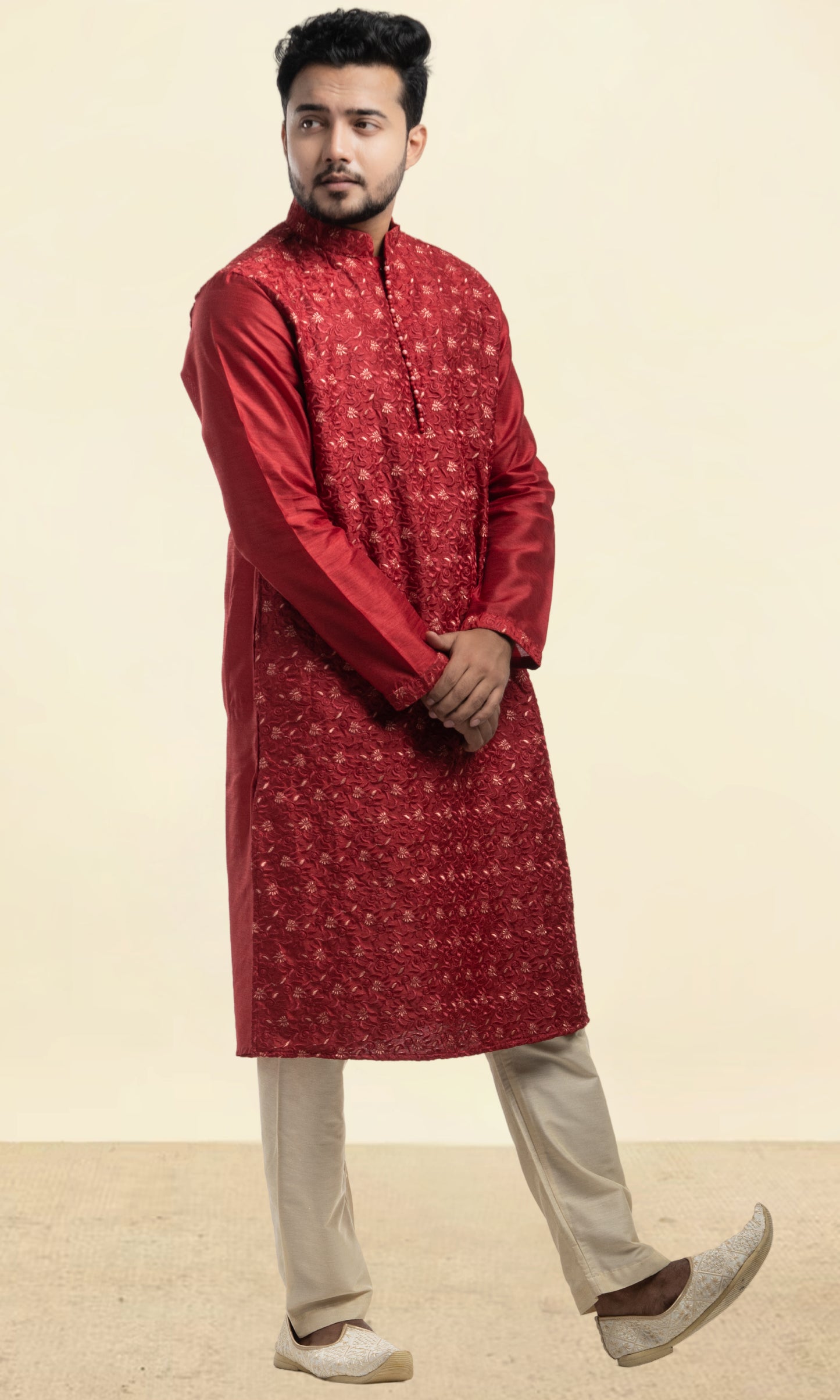 RUBY MAROON EMBROIDERED SILK KURTA WITH POTLI BUTTONS