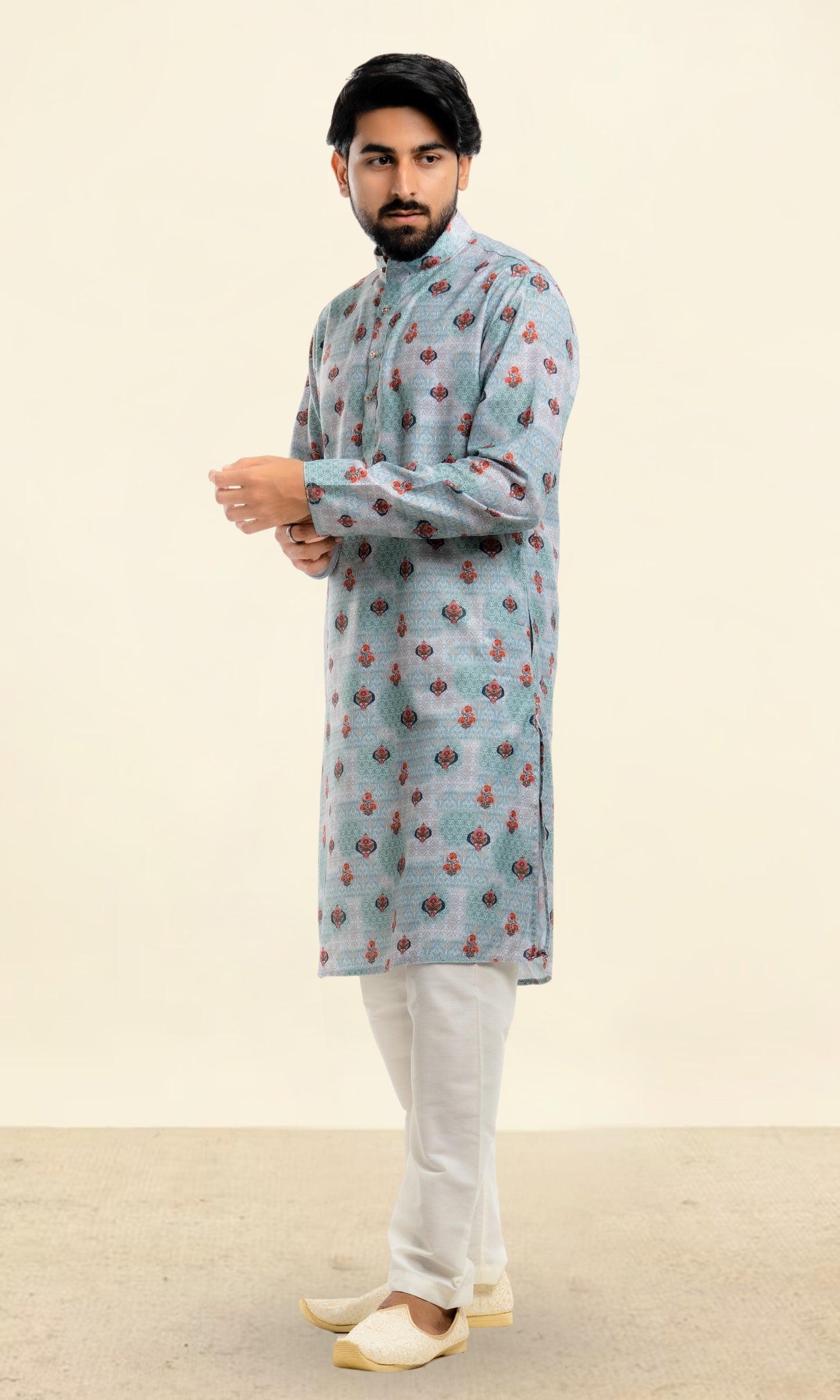 SEA GREEN KURTA WITH PRINTED FLORAL MOTIFS