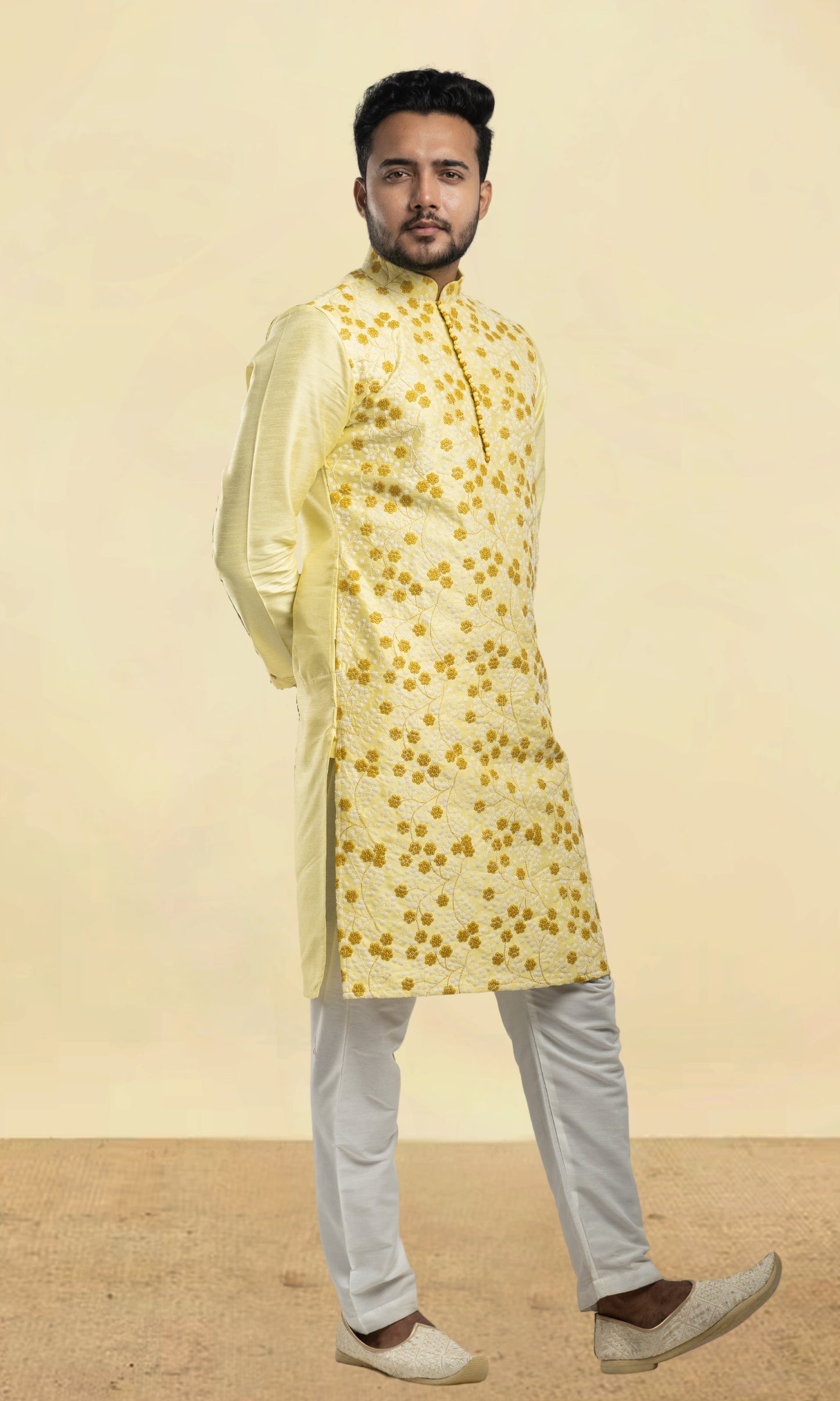 LEMON YELLOW EMBROIDERED SILK KURTA WITH POTLI BUTTONS