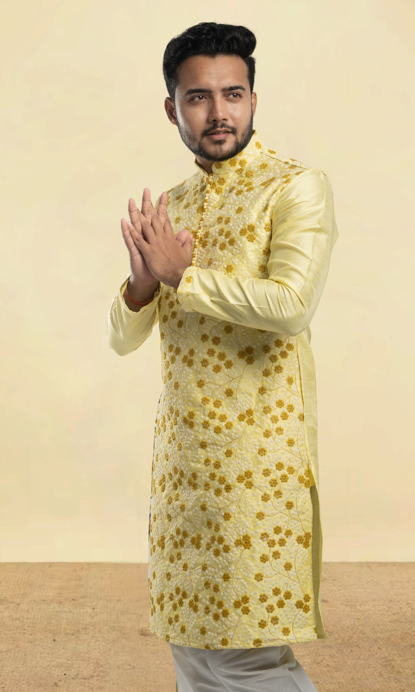 LEMON YELLOW EMBROIDERED SILK KURTA WITH POTLI BUTTONS