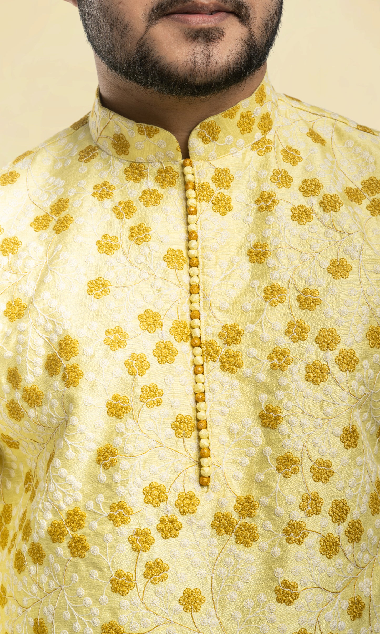 LEMON YELLOW EMBROIDERED SILK KURTA WITH POTLI BUTTONS