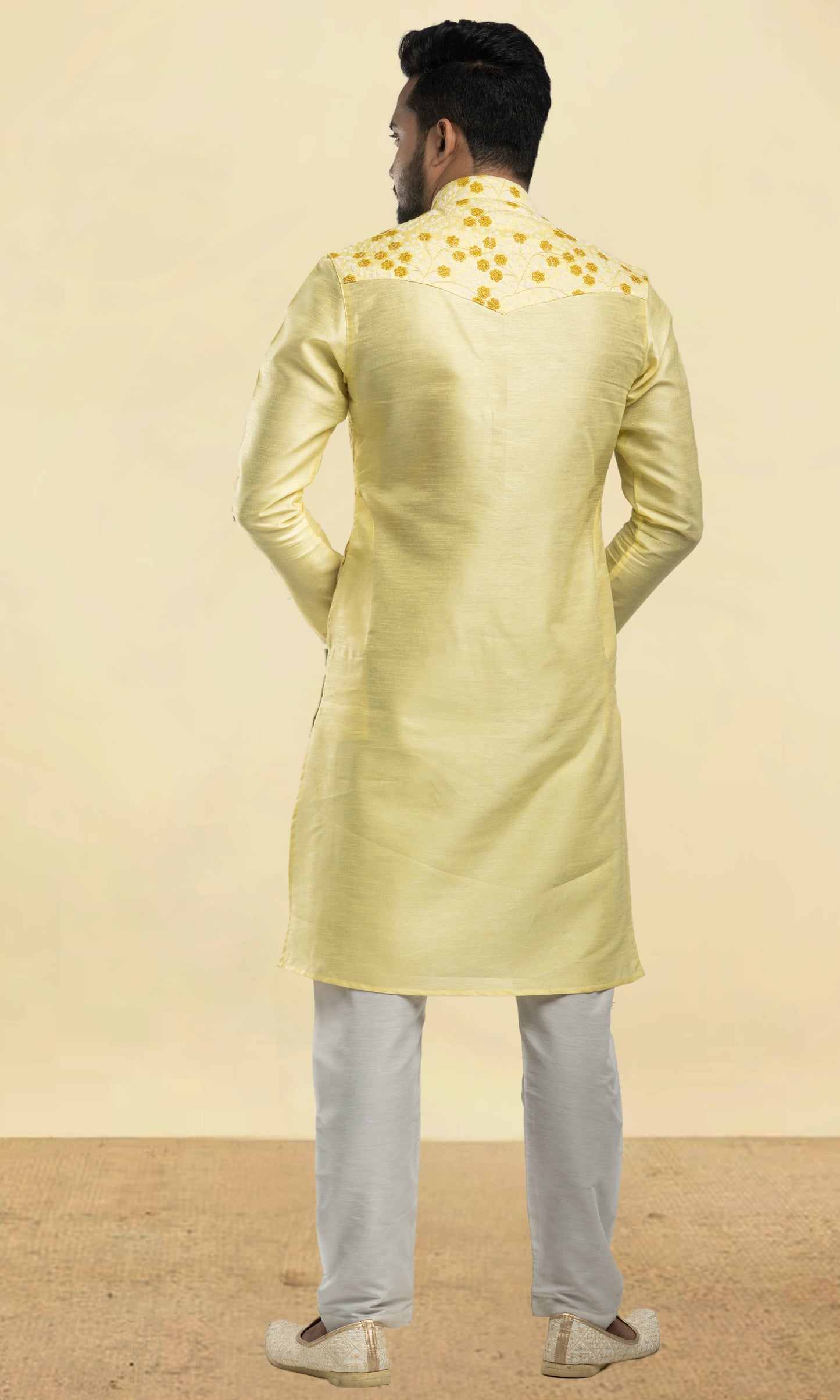 LEMON YELLOW EMBROIDERED SILK KURTA WITH POTLI BUTTONS