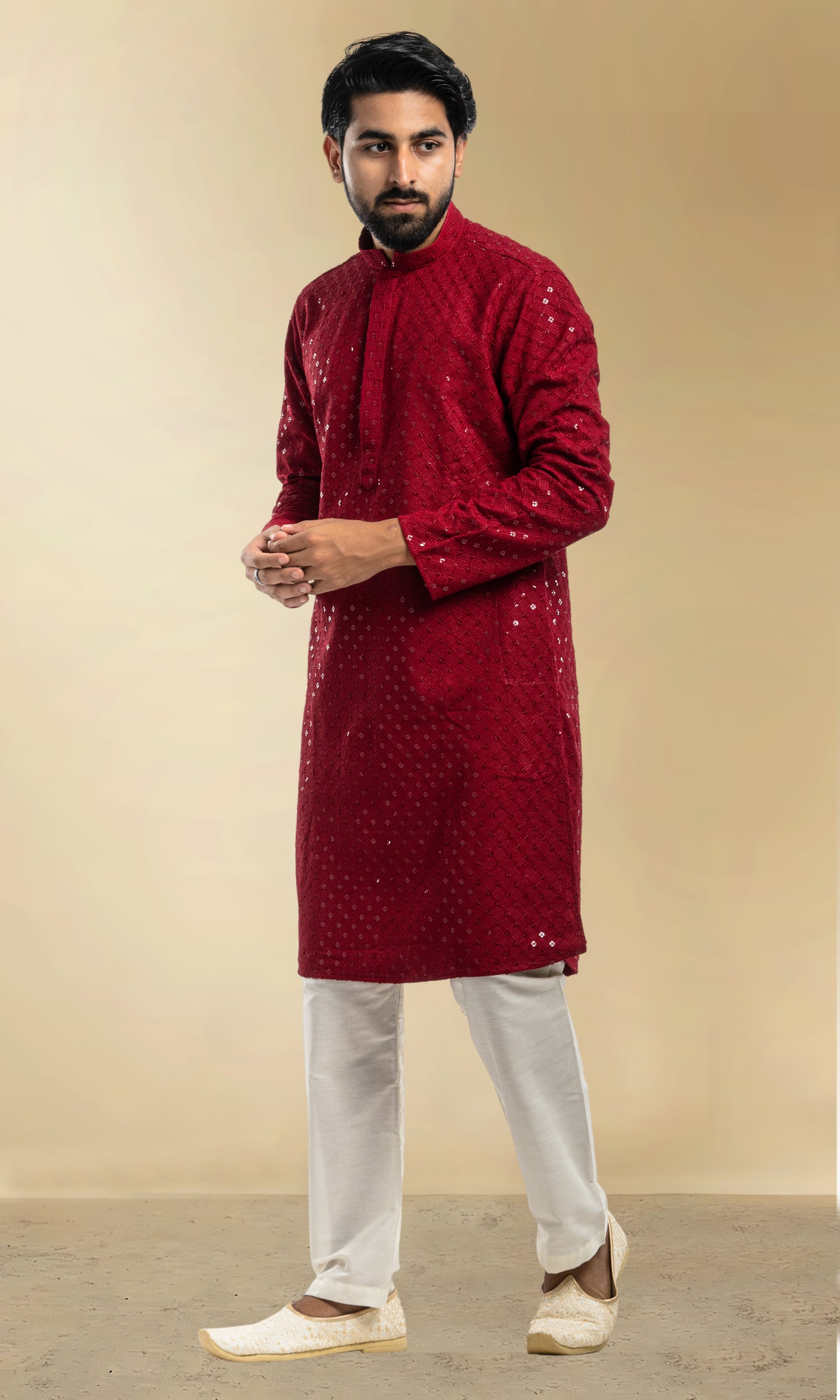 MAROON SEQUIN EMBELLISHED CHIKANKARI KURTA