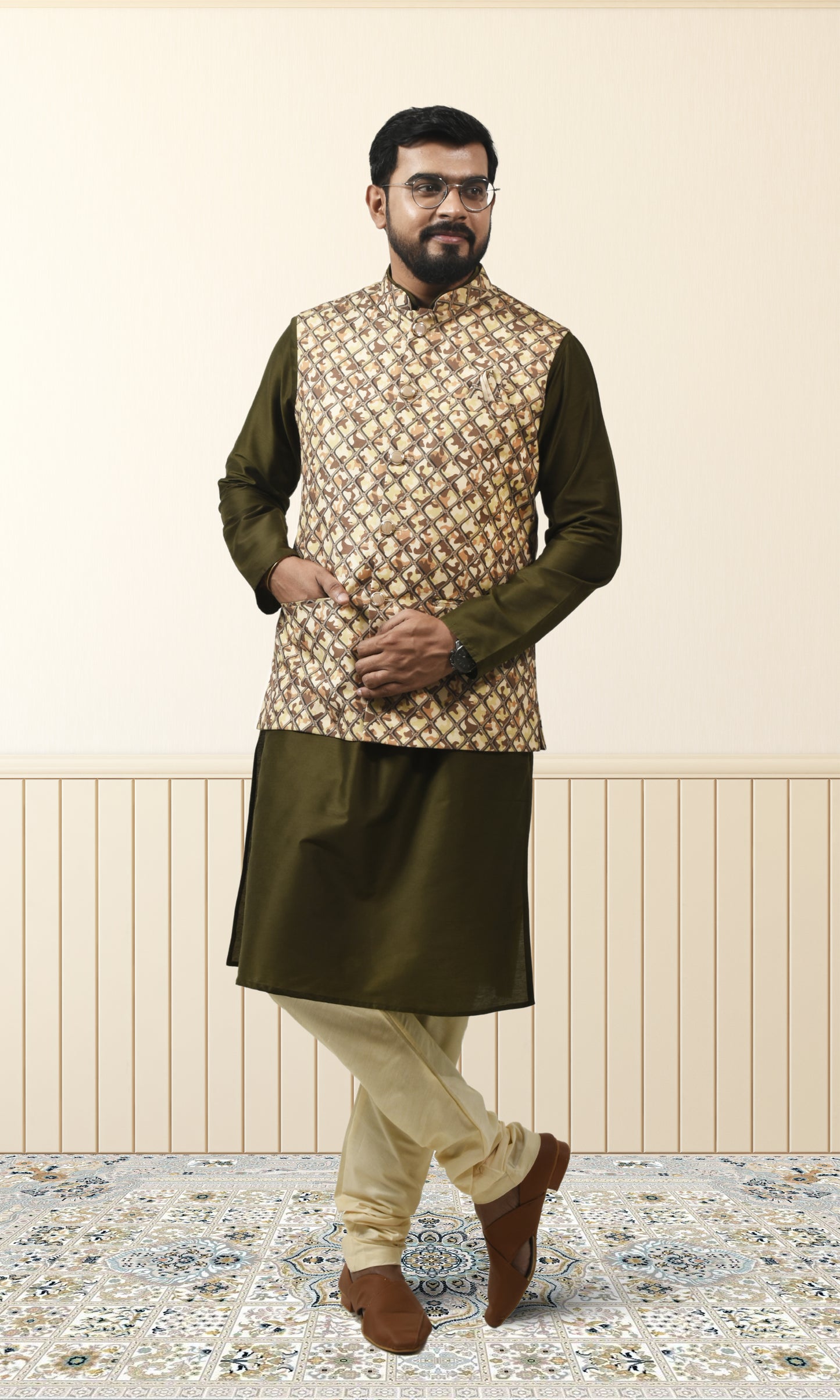 Earthy Camouflage Safari Jacket with Royal Grid Printed Jacket
