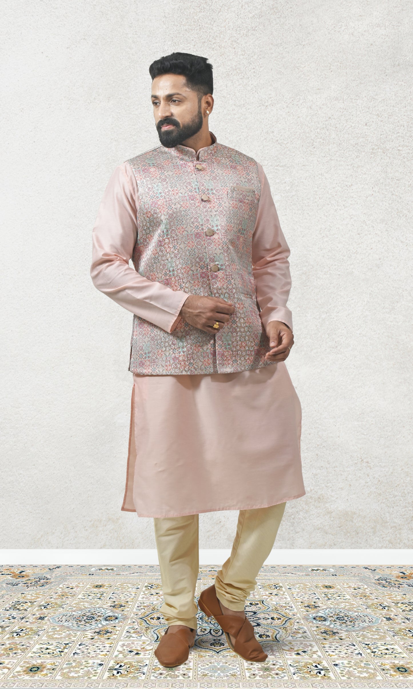 Multicoloured Pastel Medallion Weaved Jacket with Enchanted Brocade