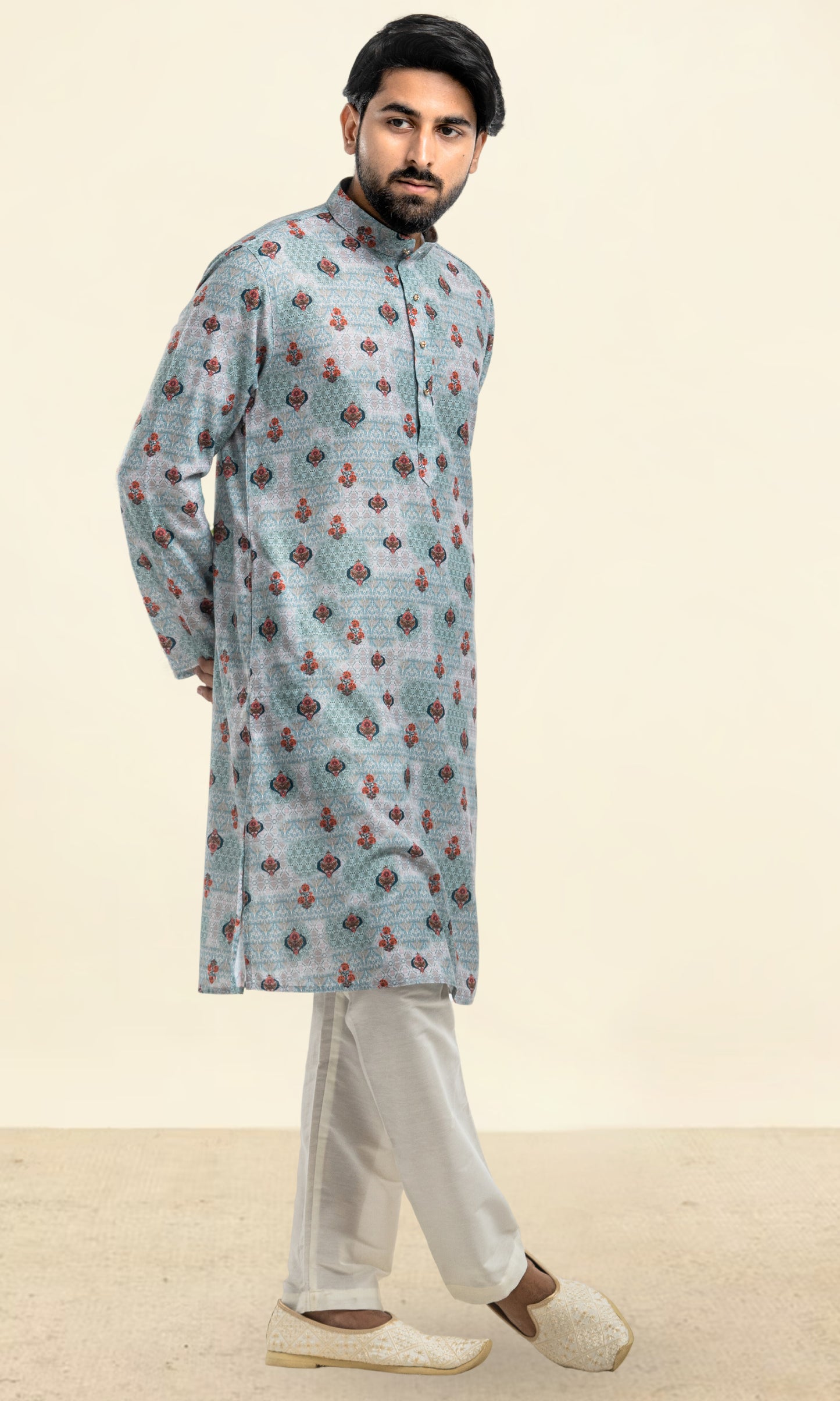 SEA GREEN KURTA WITH PRINTED FLORAL MOTIFS