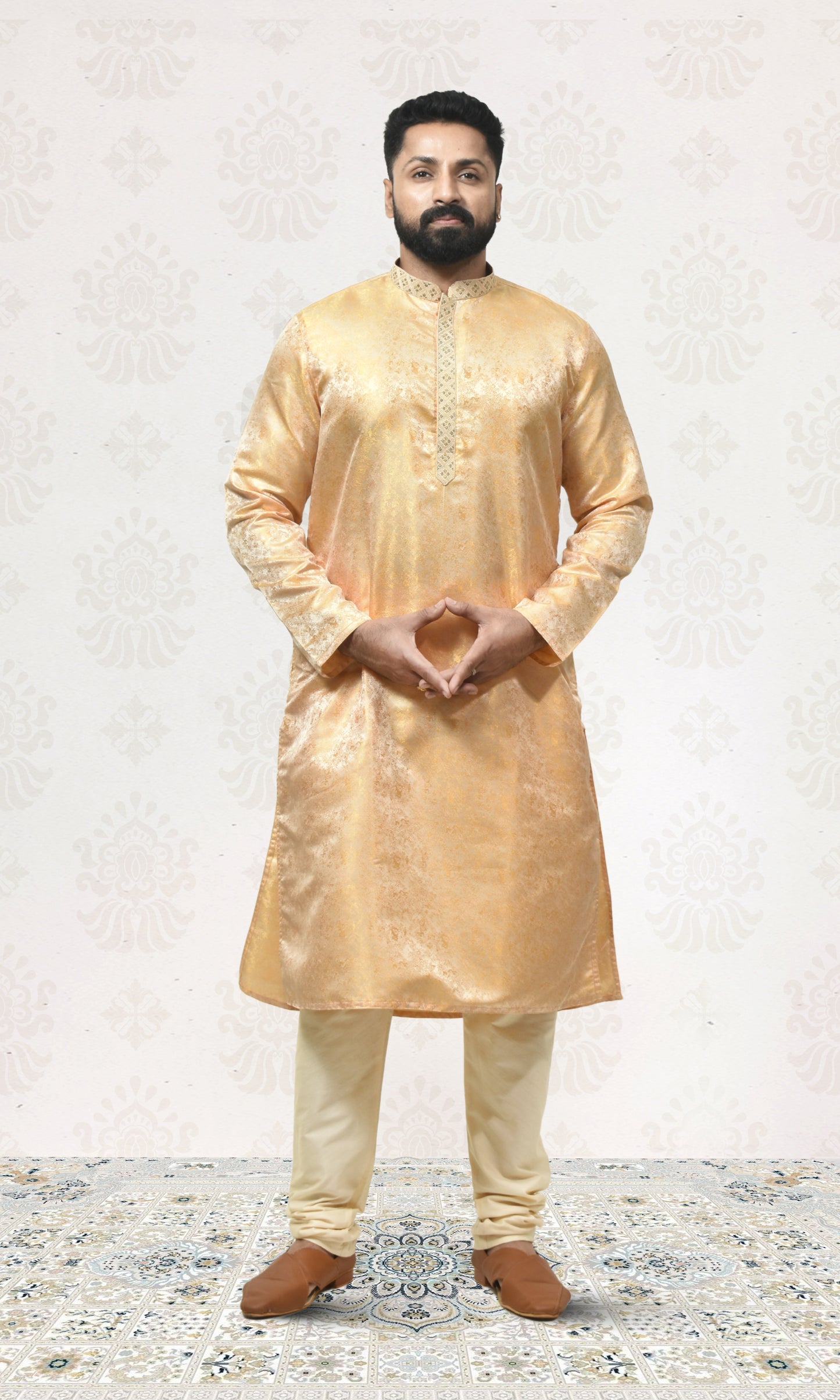 Silken Blush Yellow Ochre Kurta with Royal Embossed Detailing