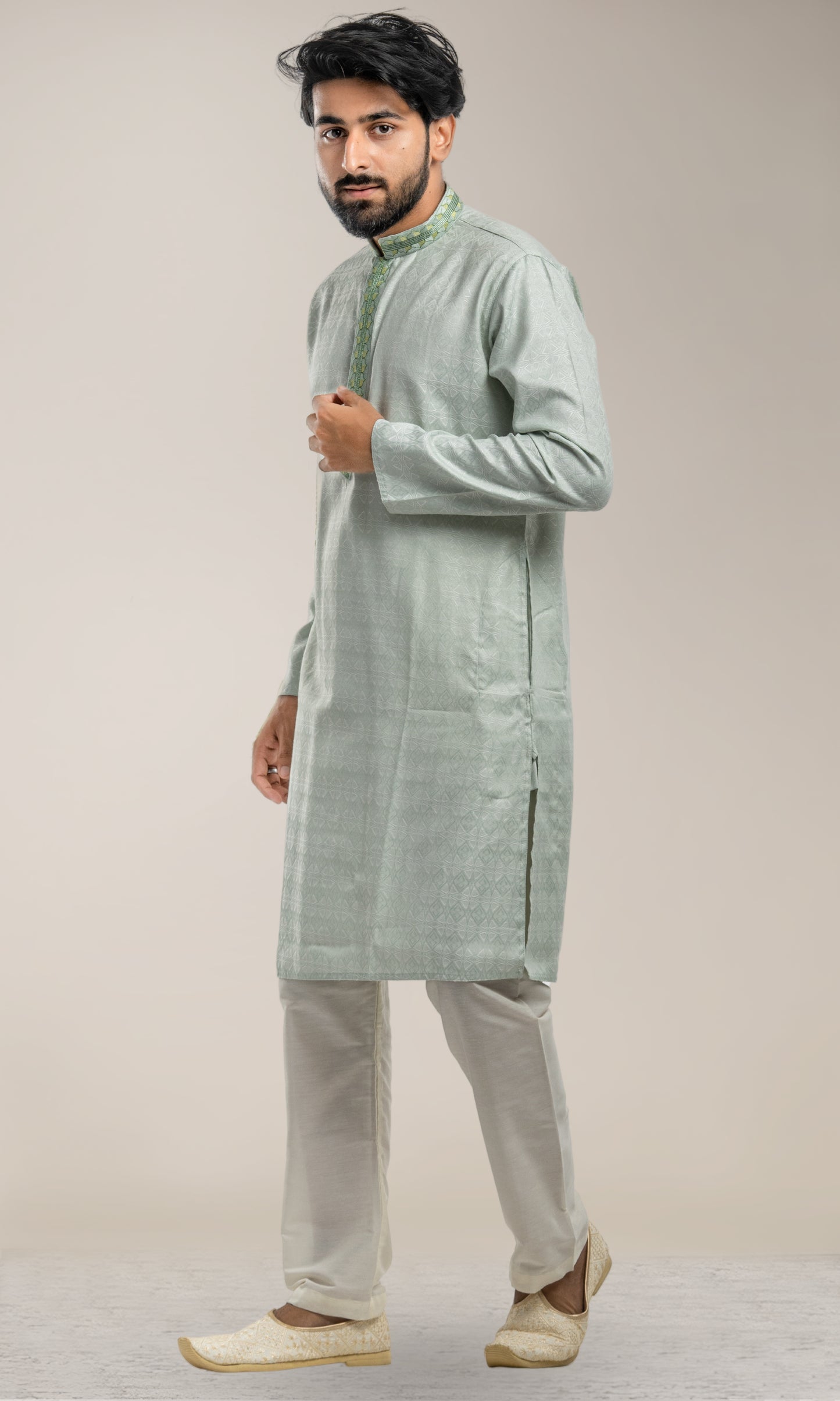 PISTA SELF WEAVED GEOMETRIC PATTERN  KURTA