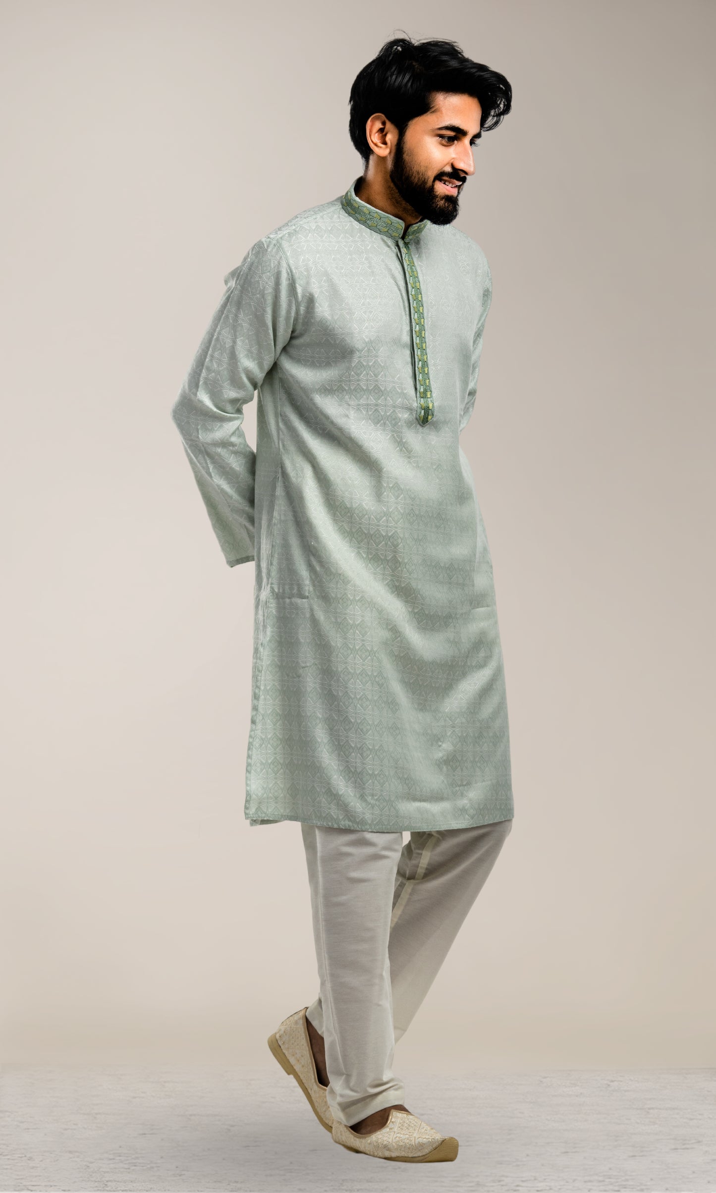 PISTA SELF WEAVED GEOMETRIC PATTERN  KURTA