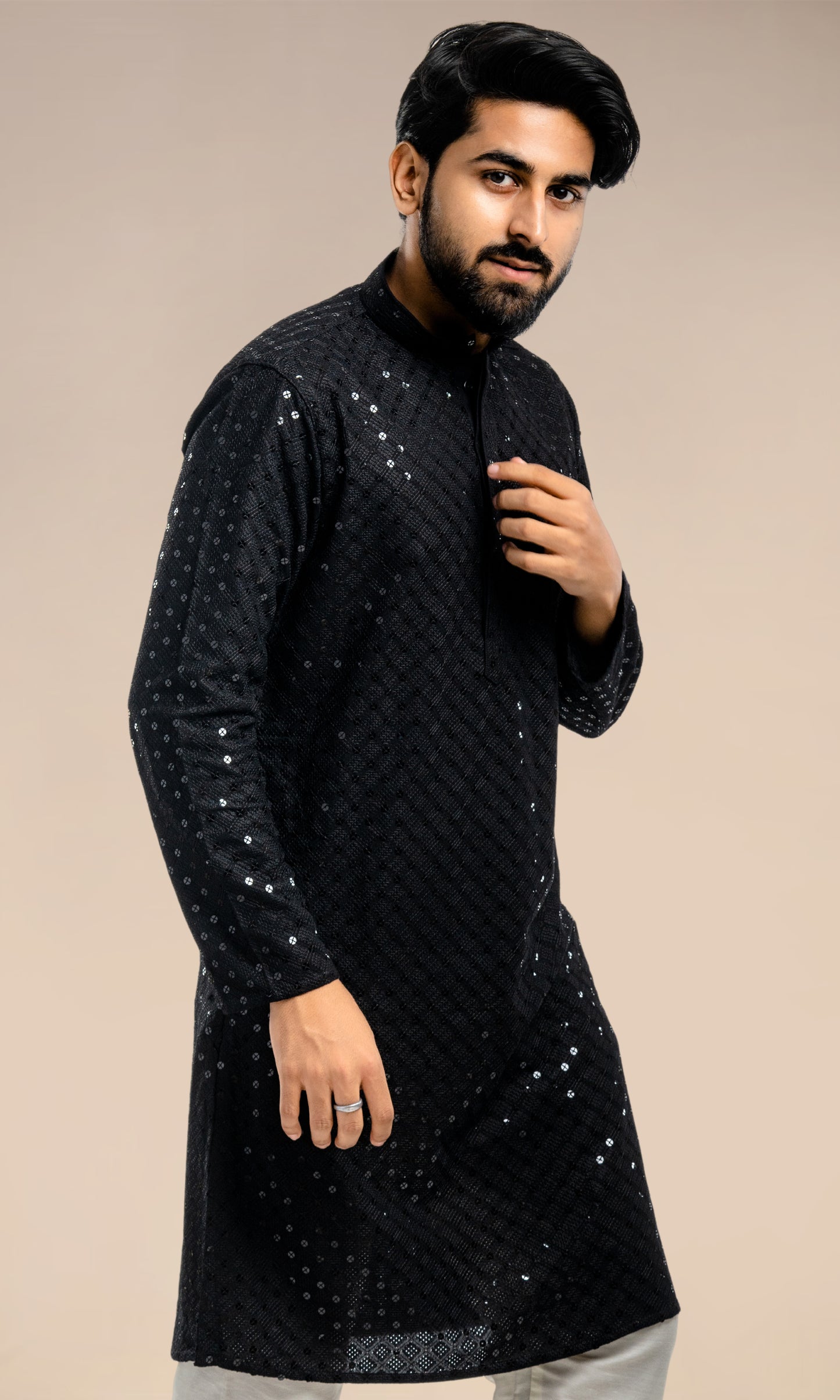 BLACK SEQUIN EMBELLISHED CHIKANKARI KURTA