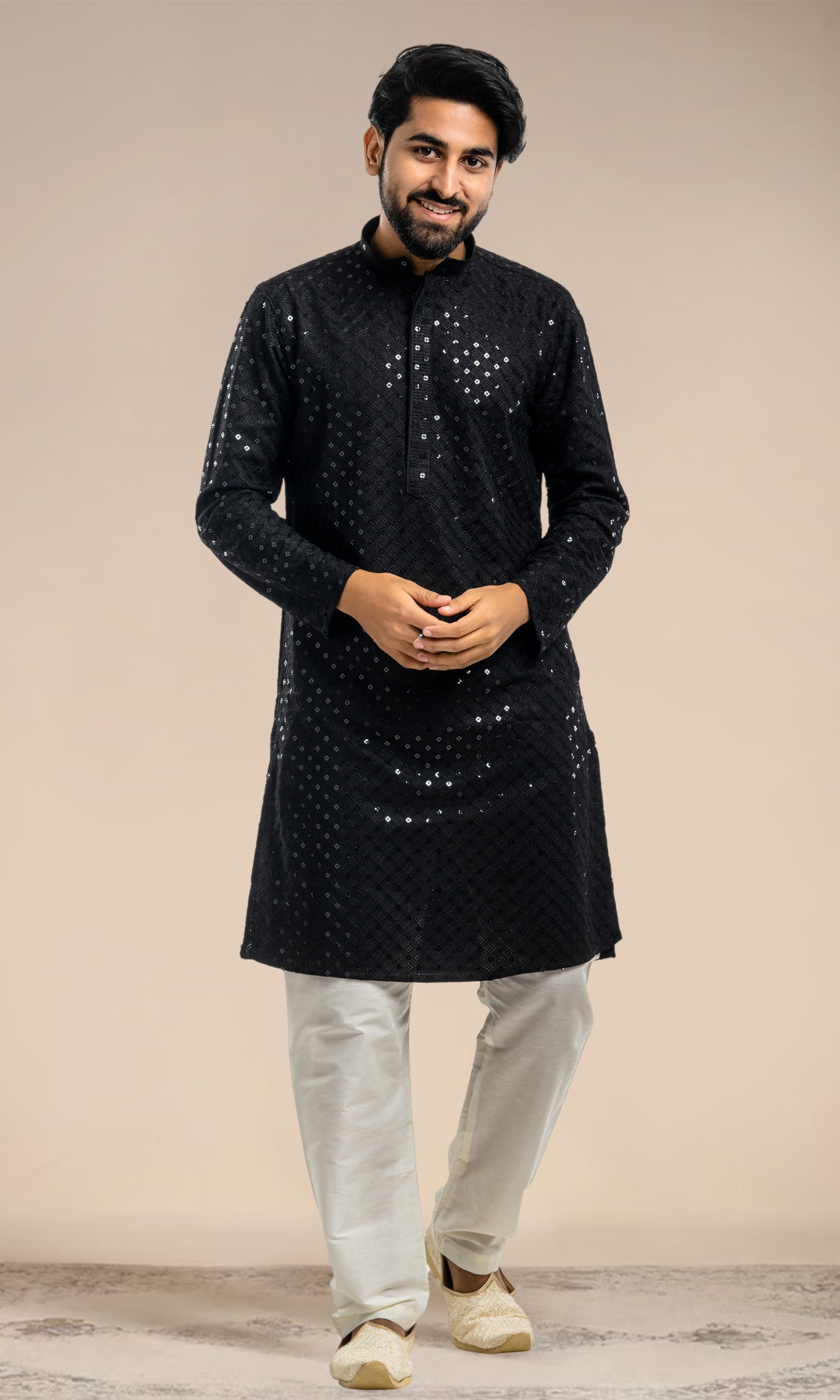 BLACK SEQUIN EMBELLISHED CHIKANKARI KURTA