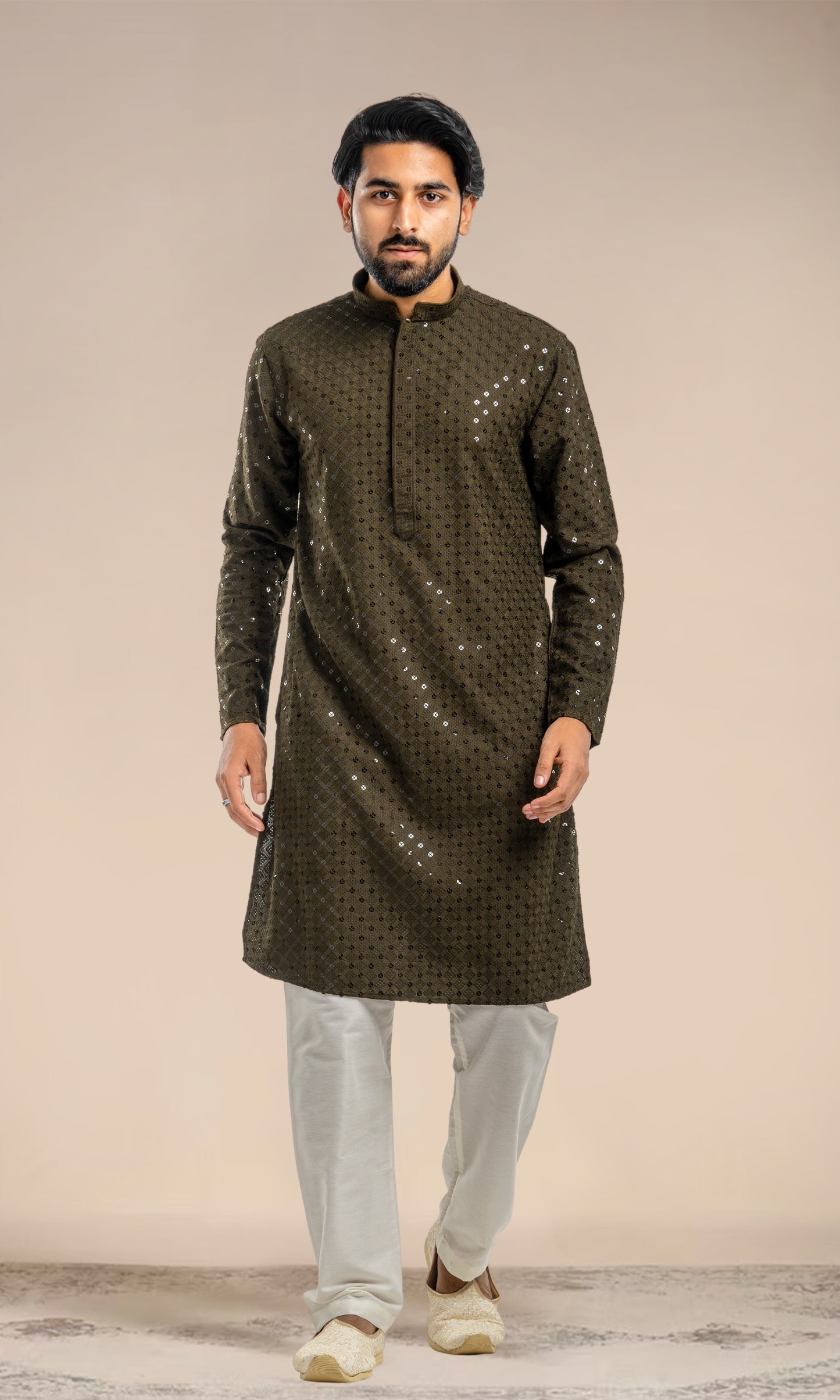 MEHENDI SEQUIN EMBELLISHED CHIKANKARI KURTA