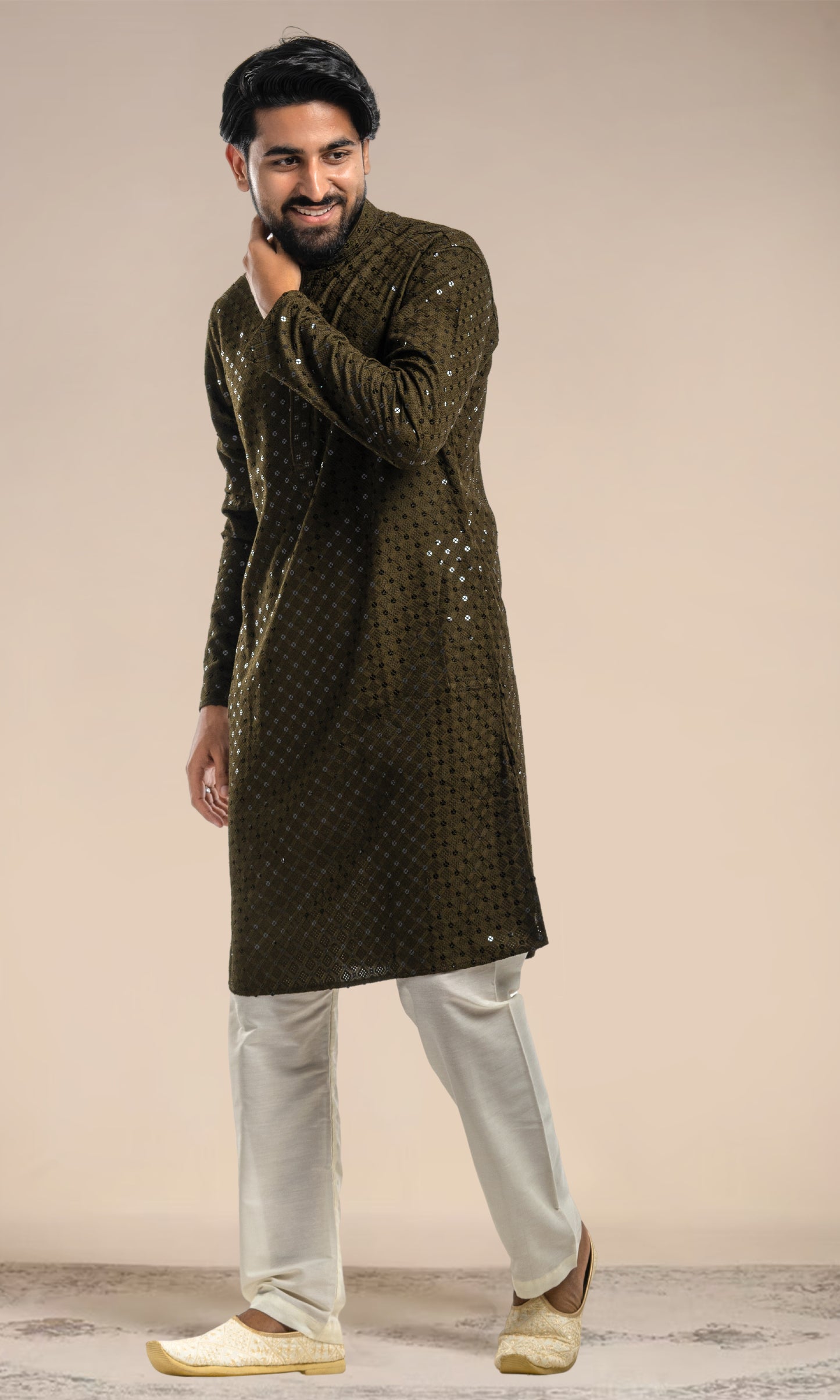 MEHENDI SEQUIN EMBELLISHED CHIKANKARI KURTA