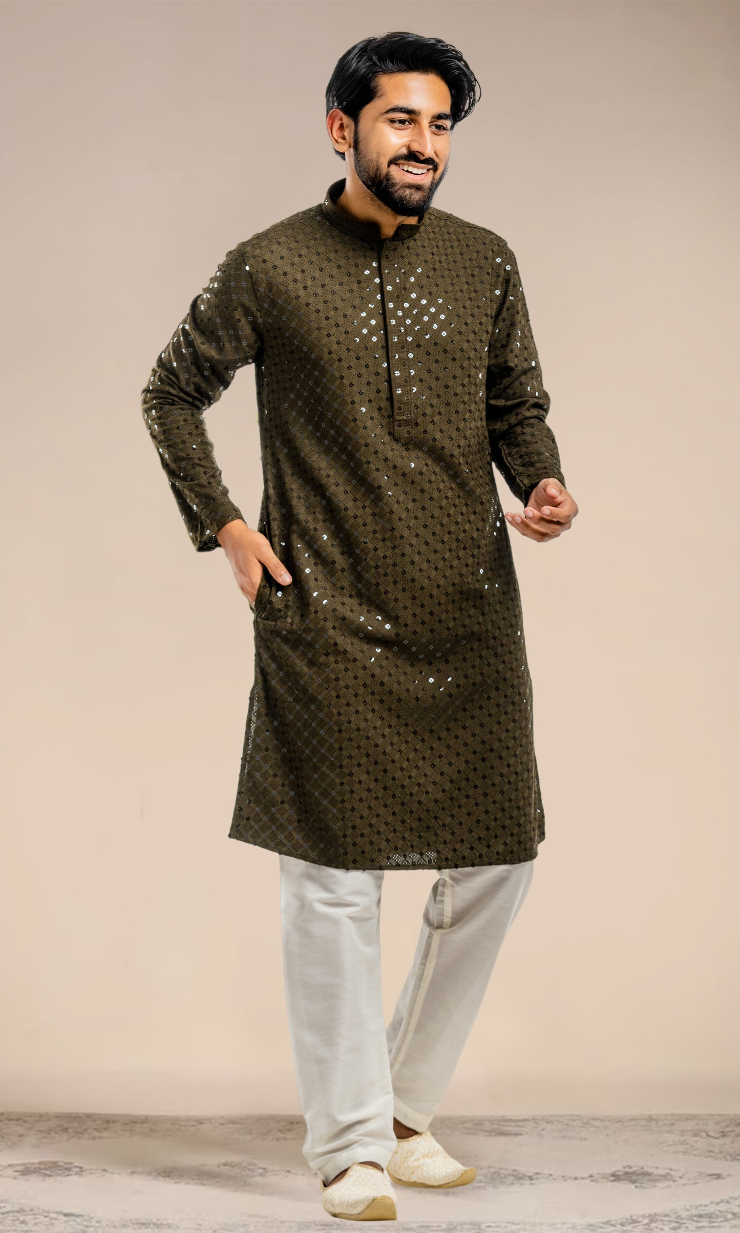 MEHENDI SEQUIN EMBELLISHED CHIKANKARI KURTA