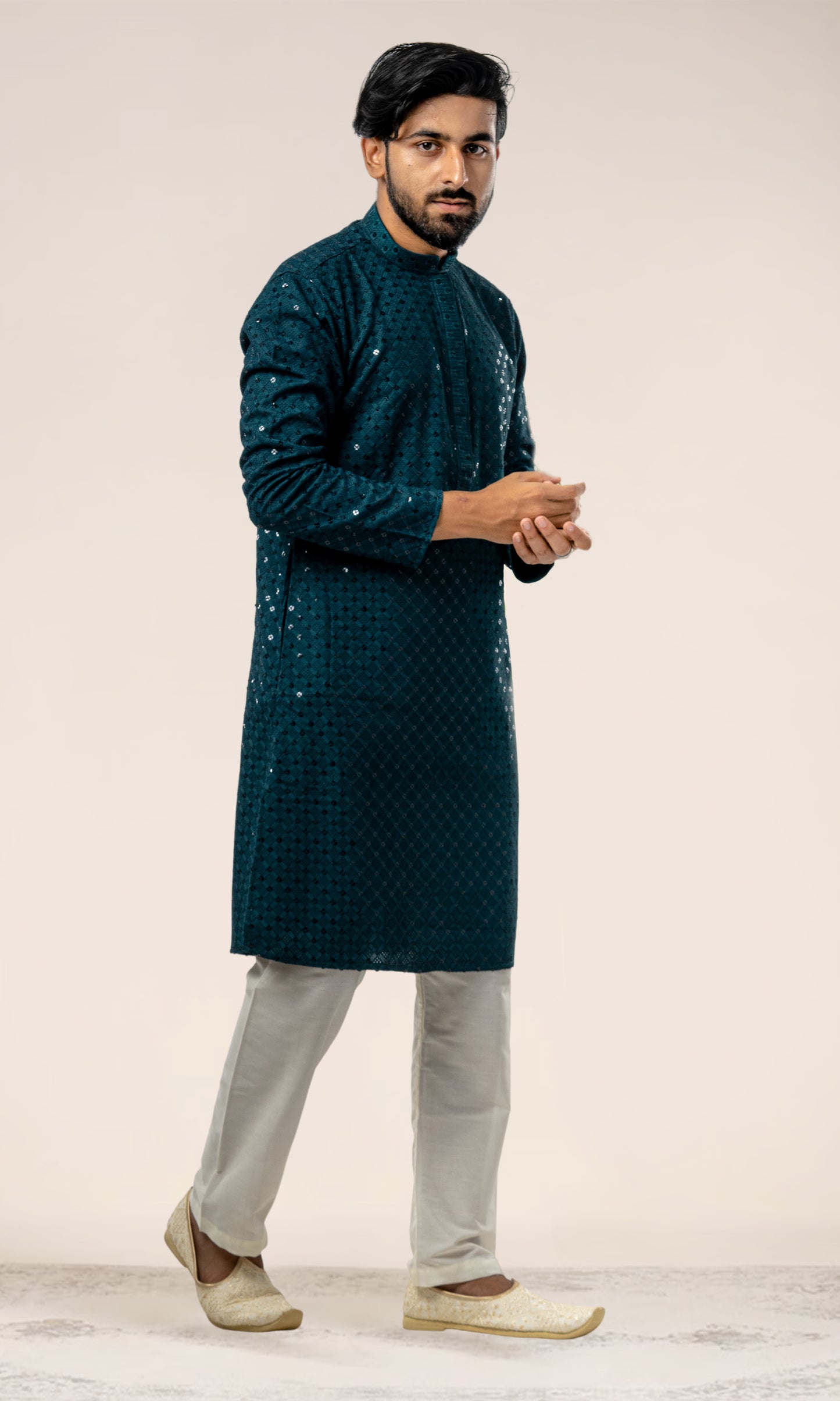 TEAL BLUE SEQUIN EMBELLISHED CHIKANKARI KURTA