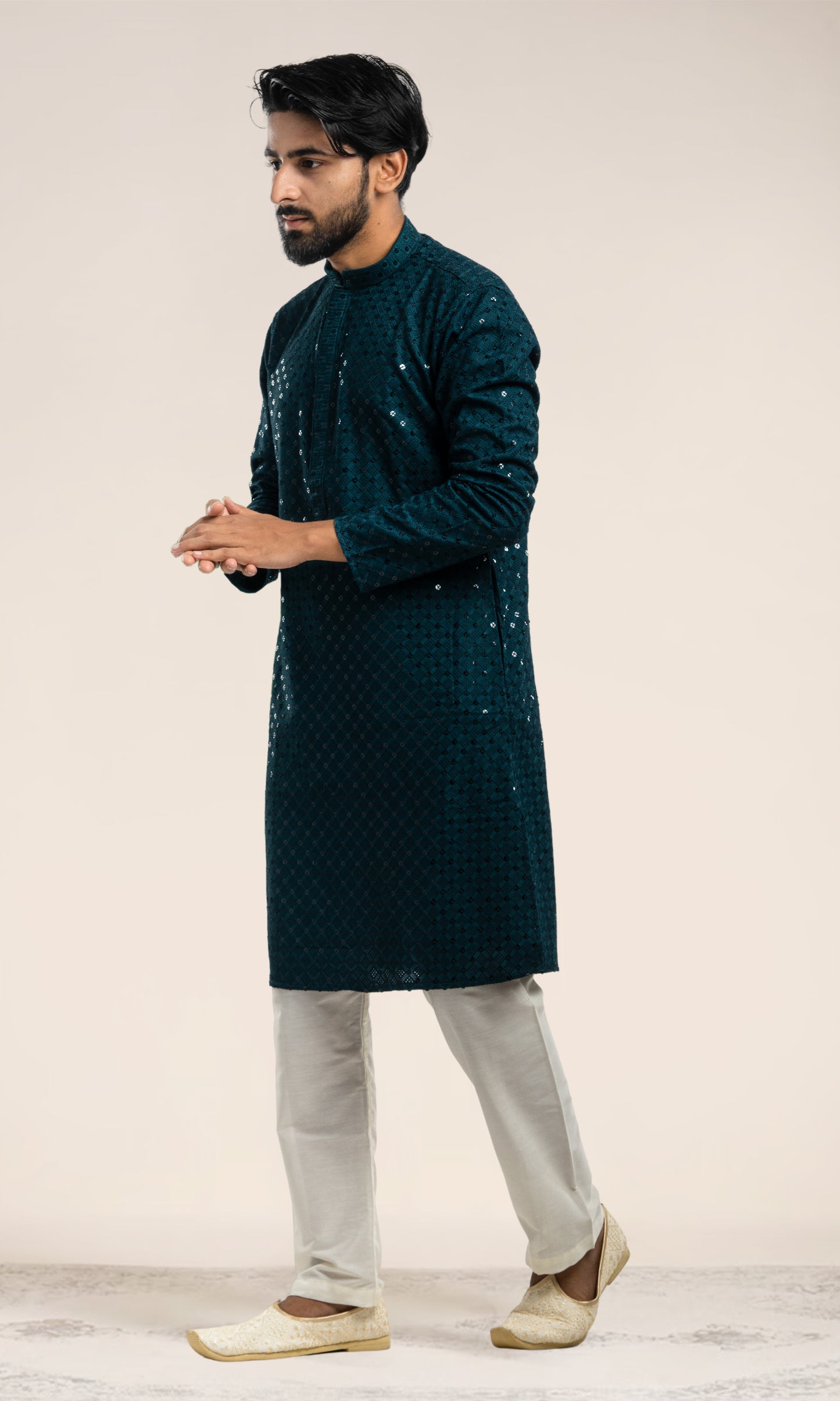 TEAL BLUE SEQUIN EMBELLISHED CHIKANKARI KURTA