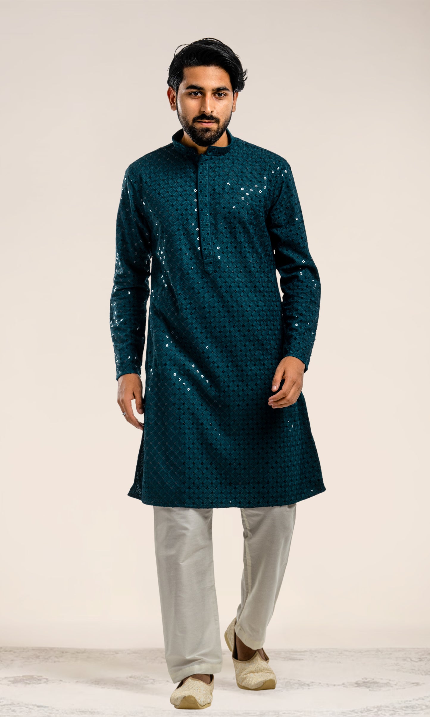 TEAL BLUE SEQUIN EMBELLISHED CHIKANKARI KURTA