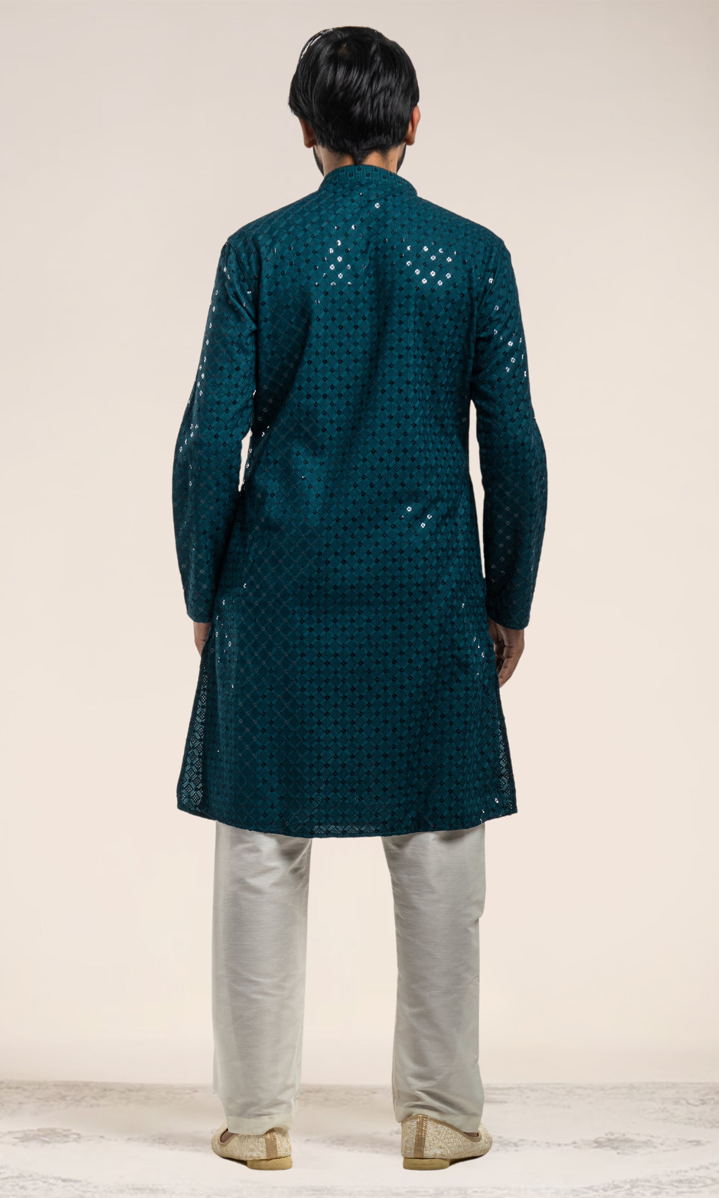 TEAL BLUE SEQUIN EMBELLISHED CHIKANKARI KURTA