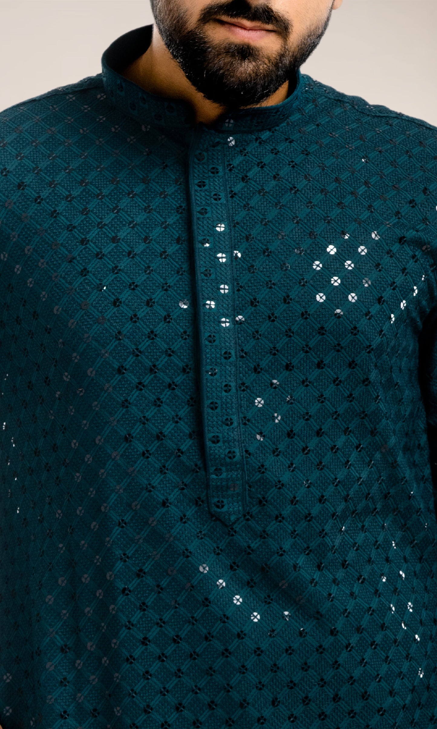 TEAL BLUE SEQUIN EMBELLISHED CHIKANKARI KURTA