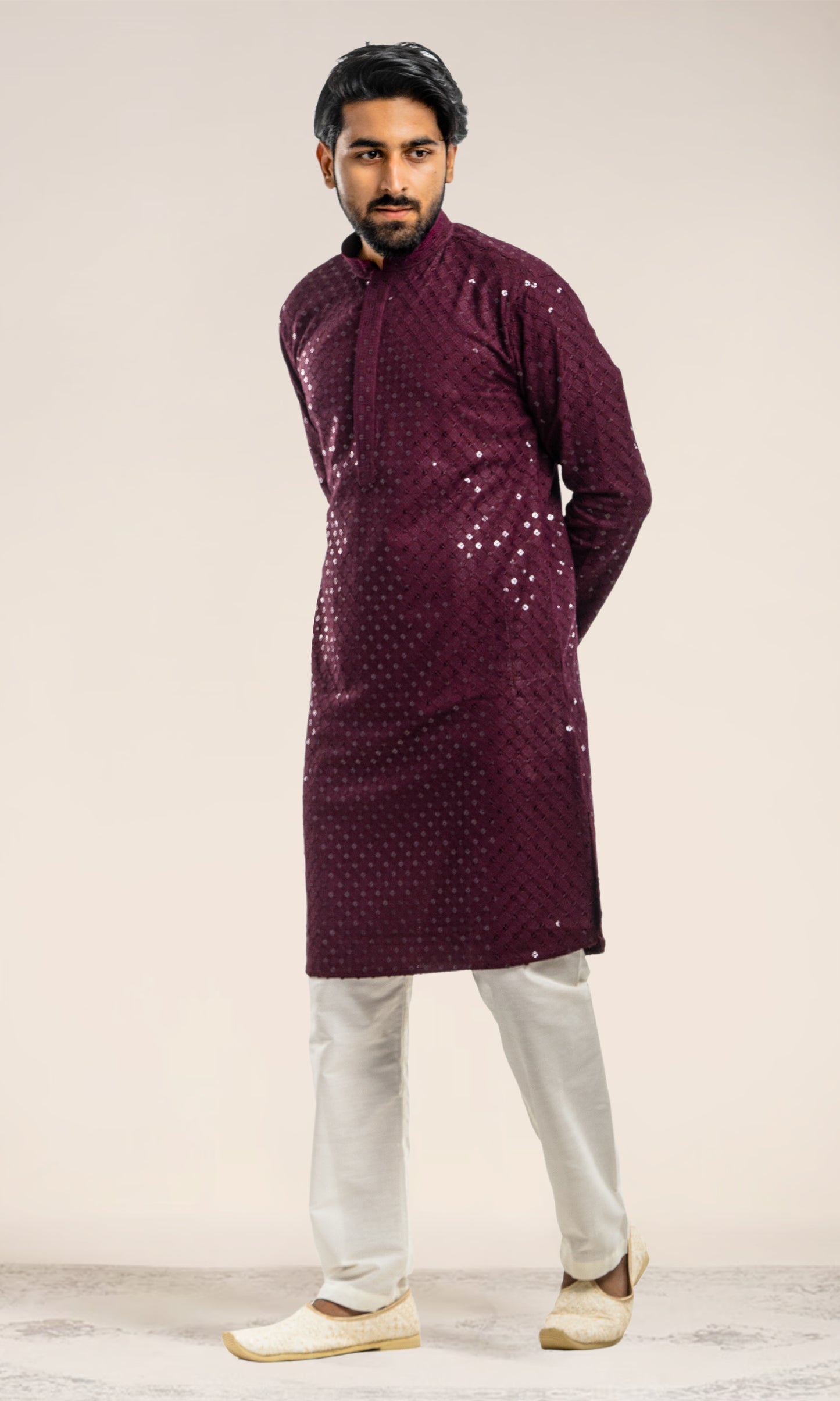 WINE SEQUIN EMBELLISHED CHIKANKARI KURTA