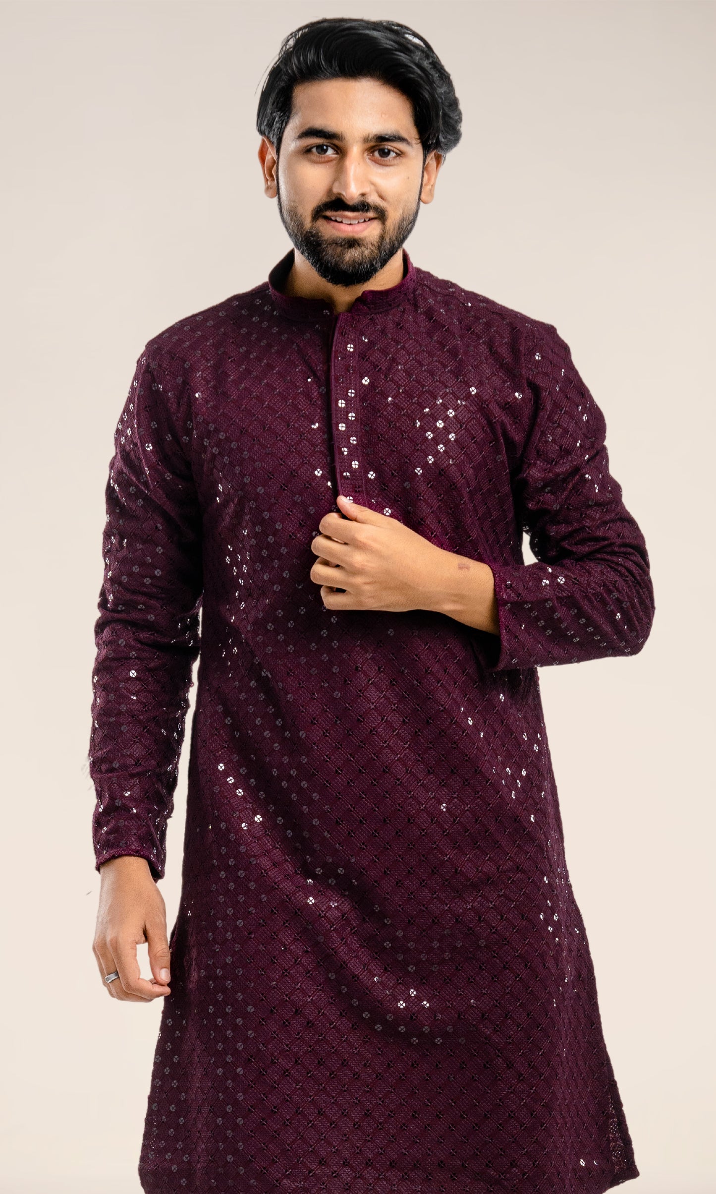 WINE SEQUIN EMBELLISHED CHIKANKARI KURTA