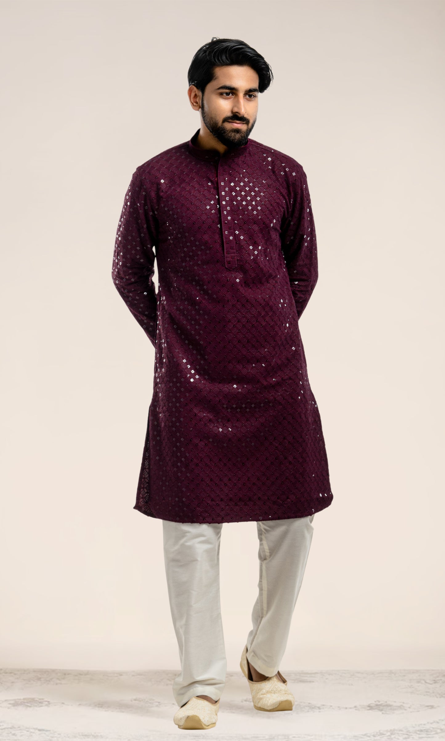 WINE SEQUIN EMBELLISHED CHIKANKARI KURTA