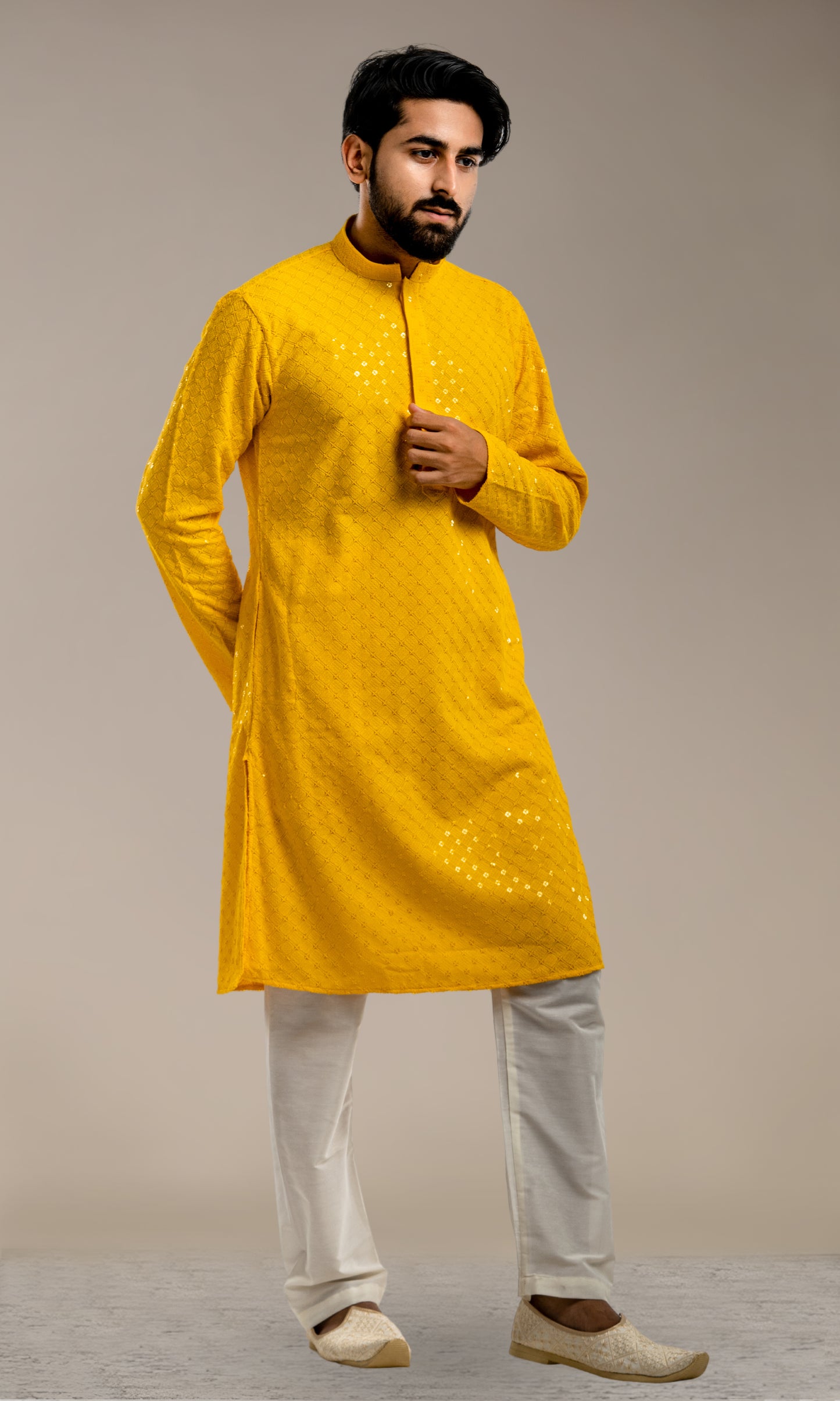 YELLOW SEQUIN EMBELLISHED CHIKANKARI KURTA