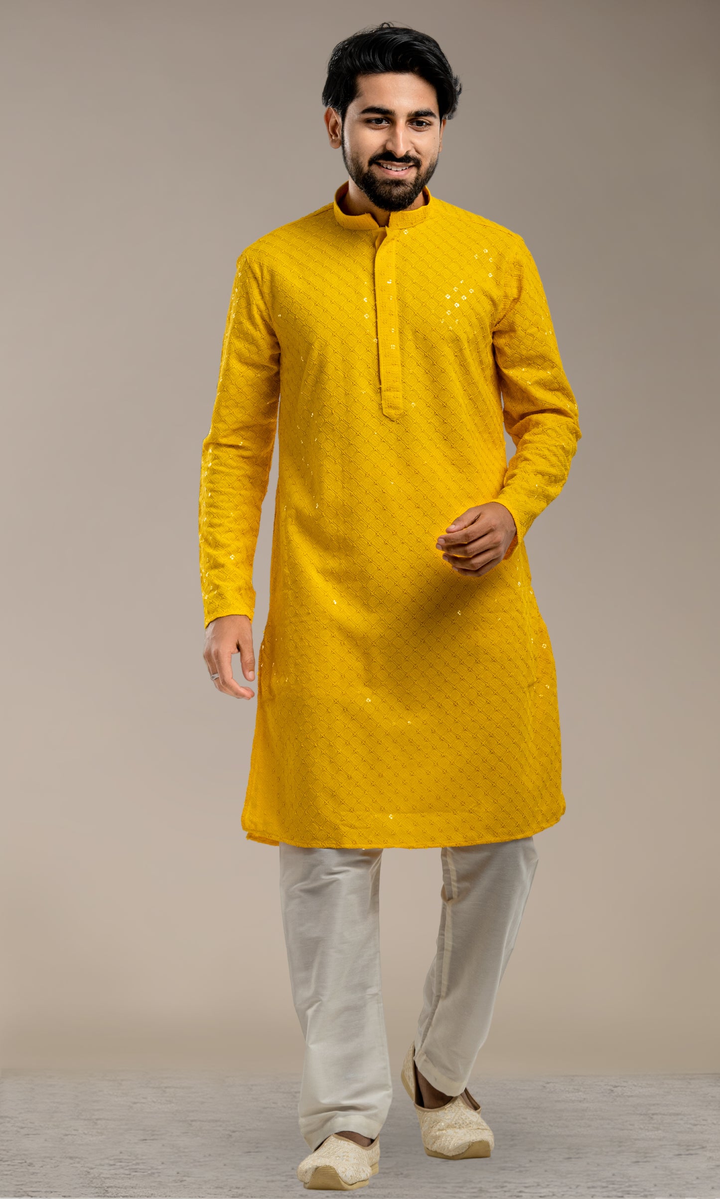 YELLOW SEQUIN EMBELLISHED CHIKANKARI KURTA