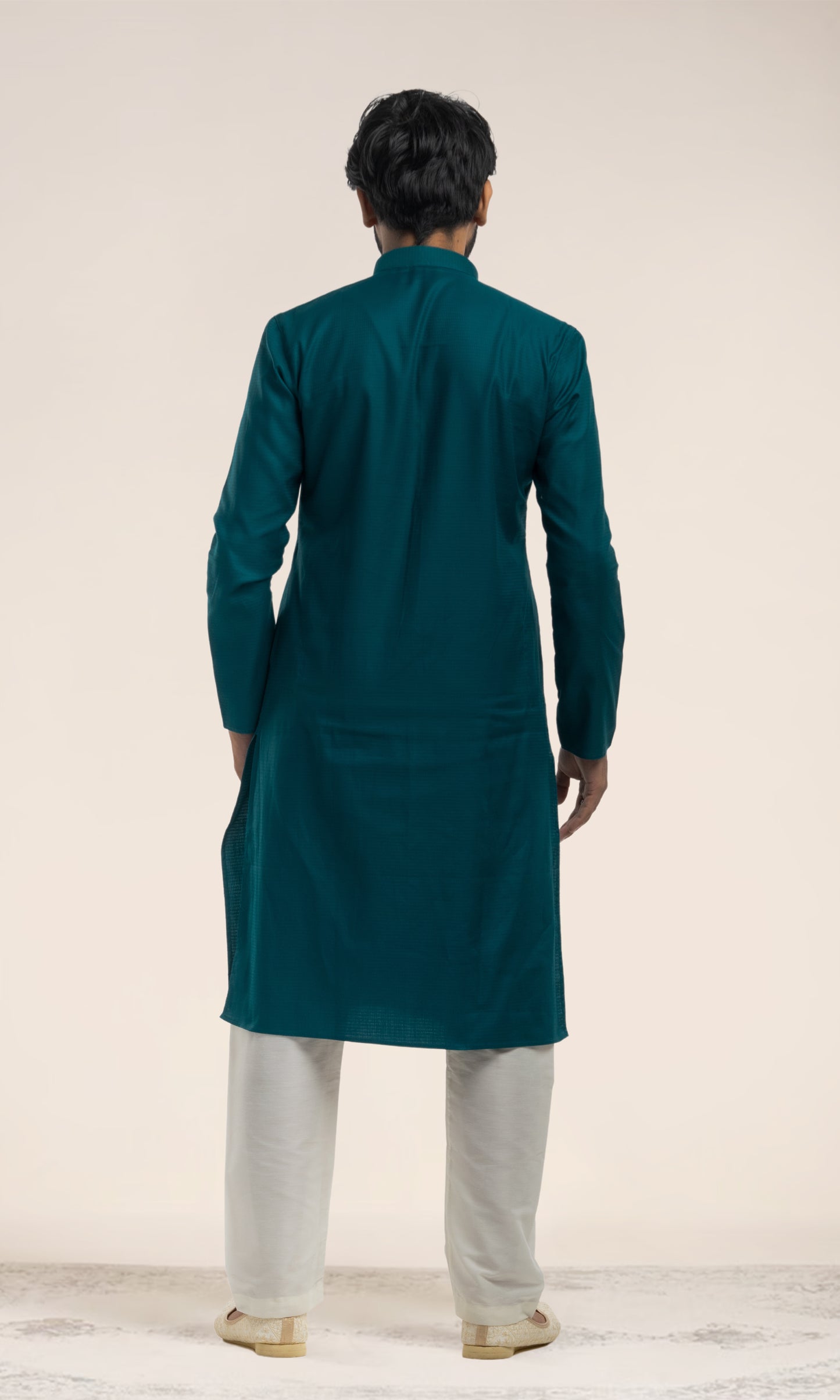 RAMA GREEN SELF WEAVED KURTA WITH EMBROIDERED NECKLINE