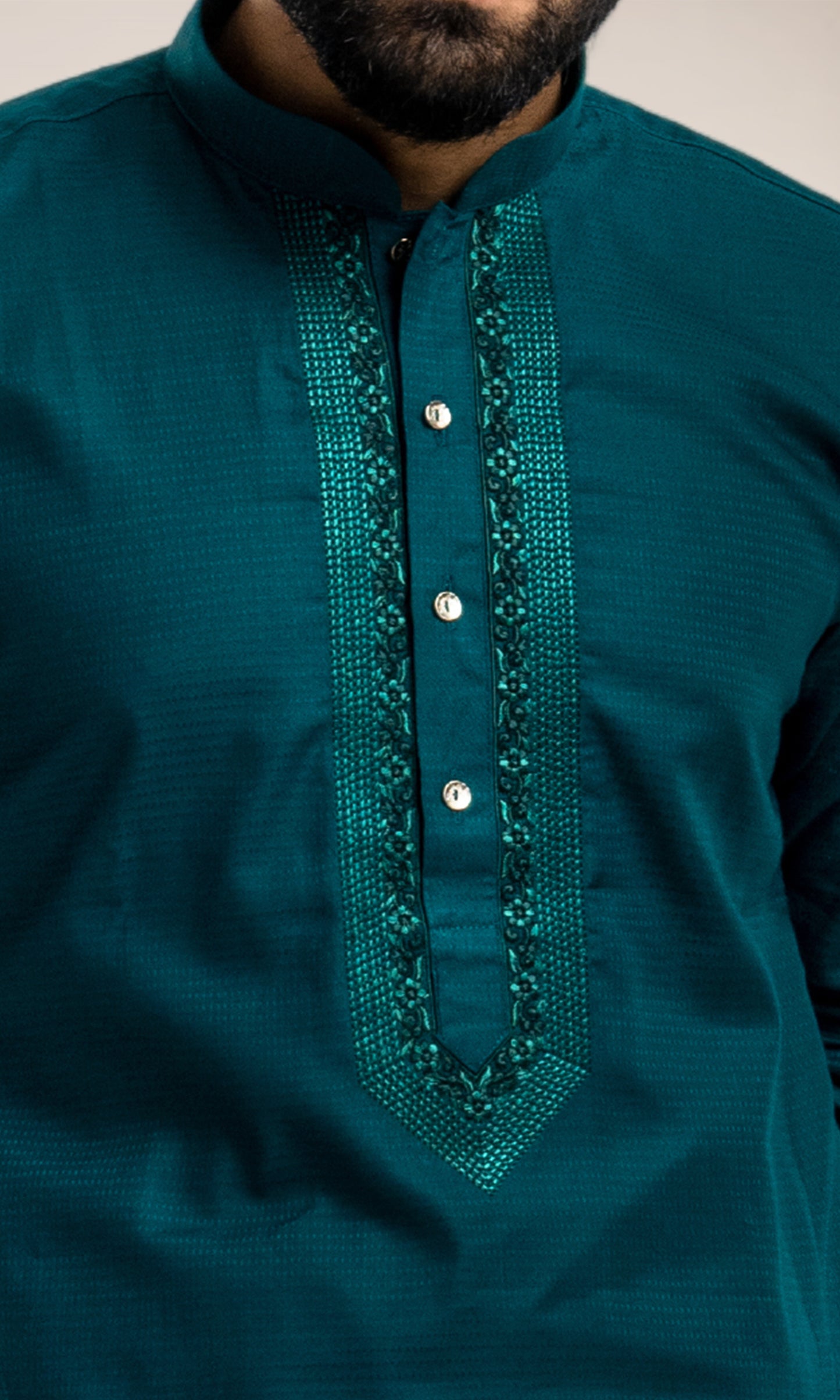 RAMA GREEN SELF WEAVED KURTA WITH EMBROIDERED NECKLINE