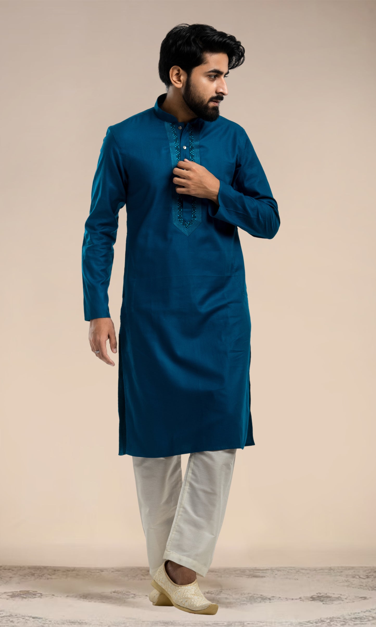 NAVY BLUE SELF WEAVED KURTAS WITH EMBROIDERED NECKLINE