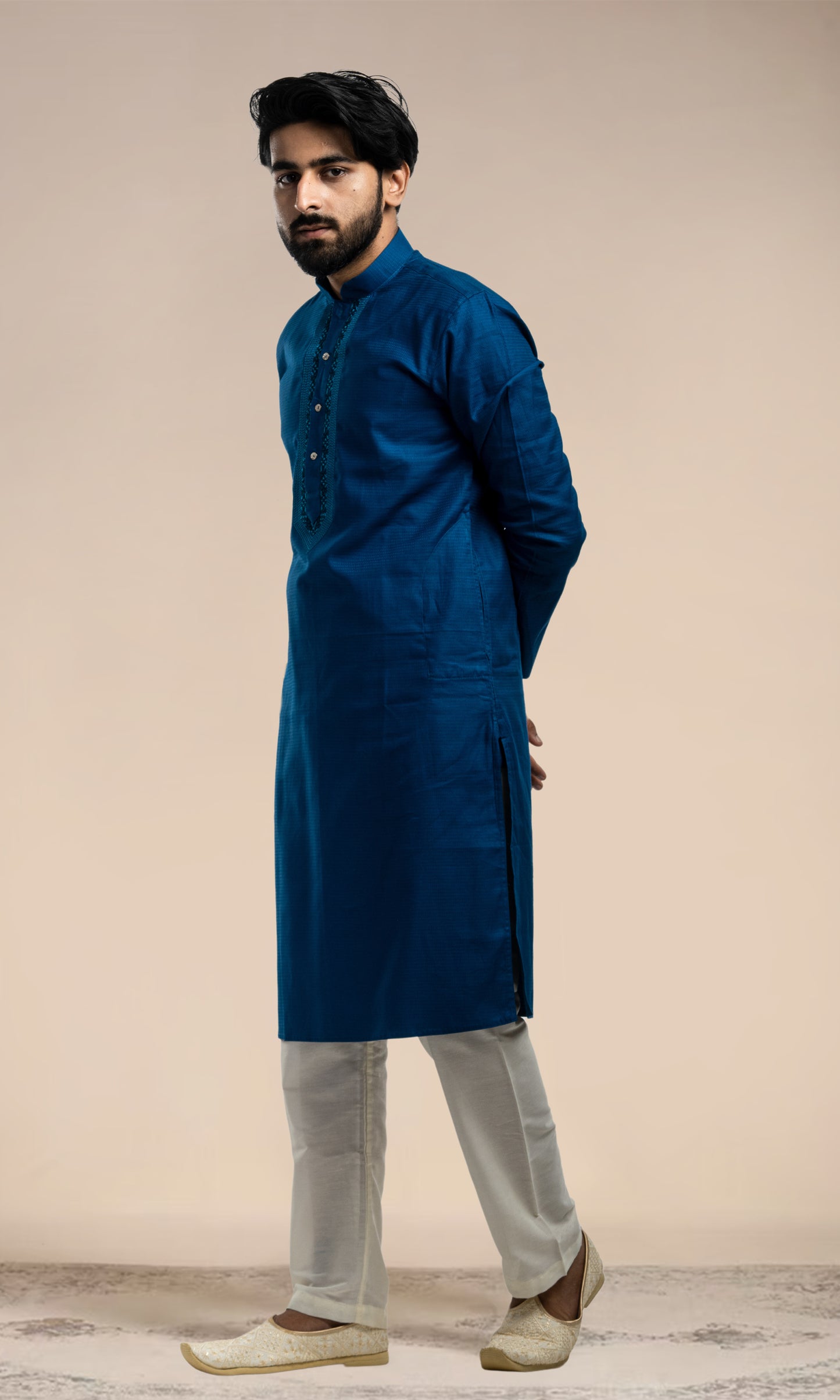 NAVY BLUE SELF WEAVED KURTAS WITH EMBROIDERED NECKLINE