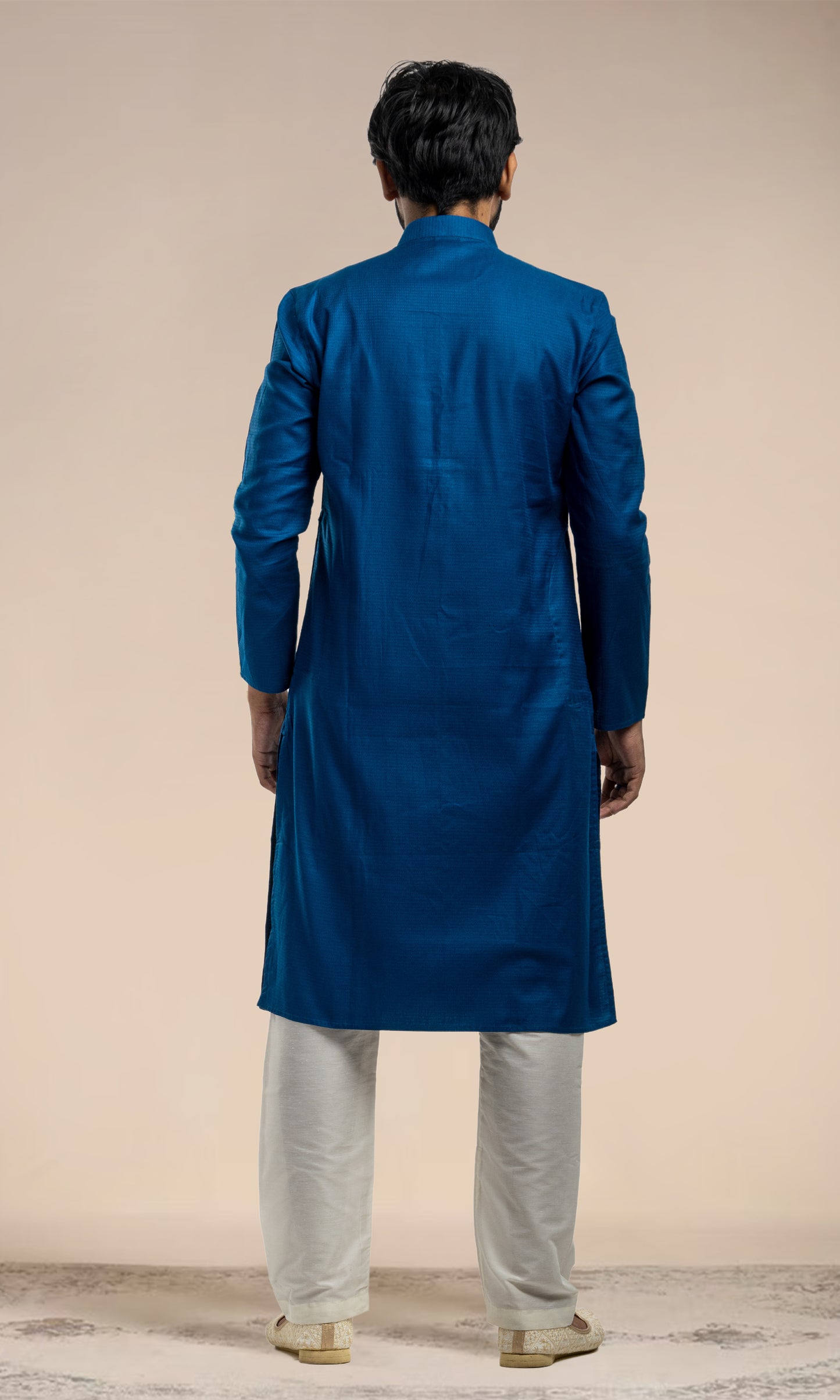 NAVY BLUE SELF WEAVED KURTAS WITH EMBROIDERED NECKLINE