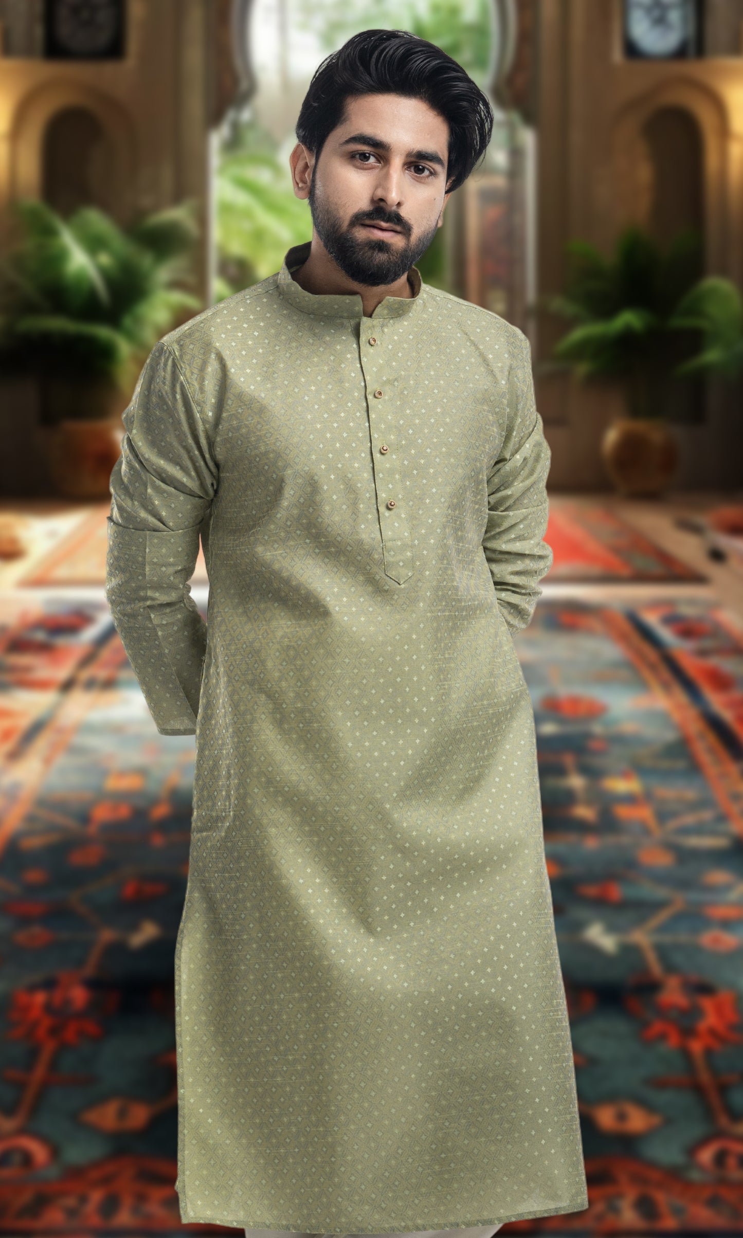 PISTA WEAVED GEOMETRIC PATTERN  KURTA