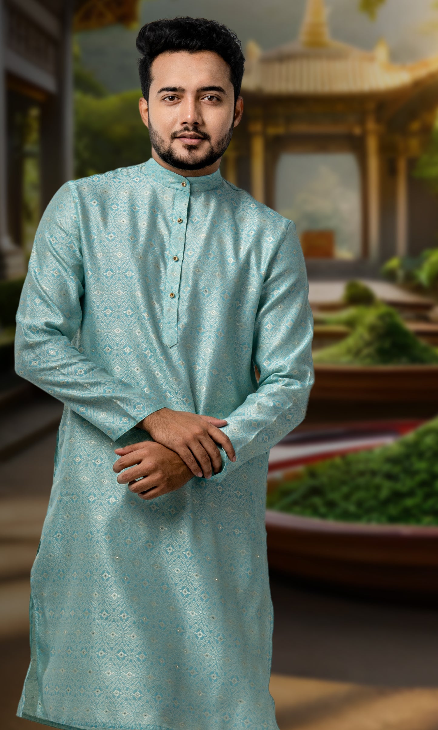 POWDER BLUE MEDALLION WEAVED KURTA WITH GOLDEN ZARI