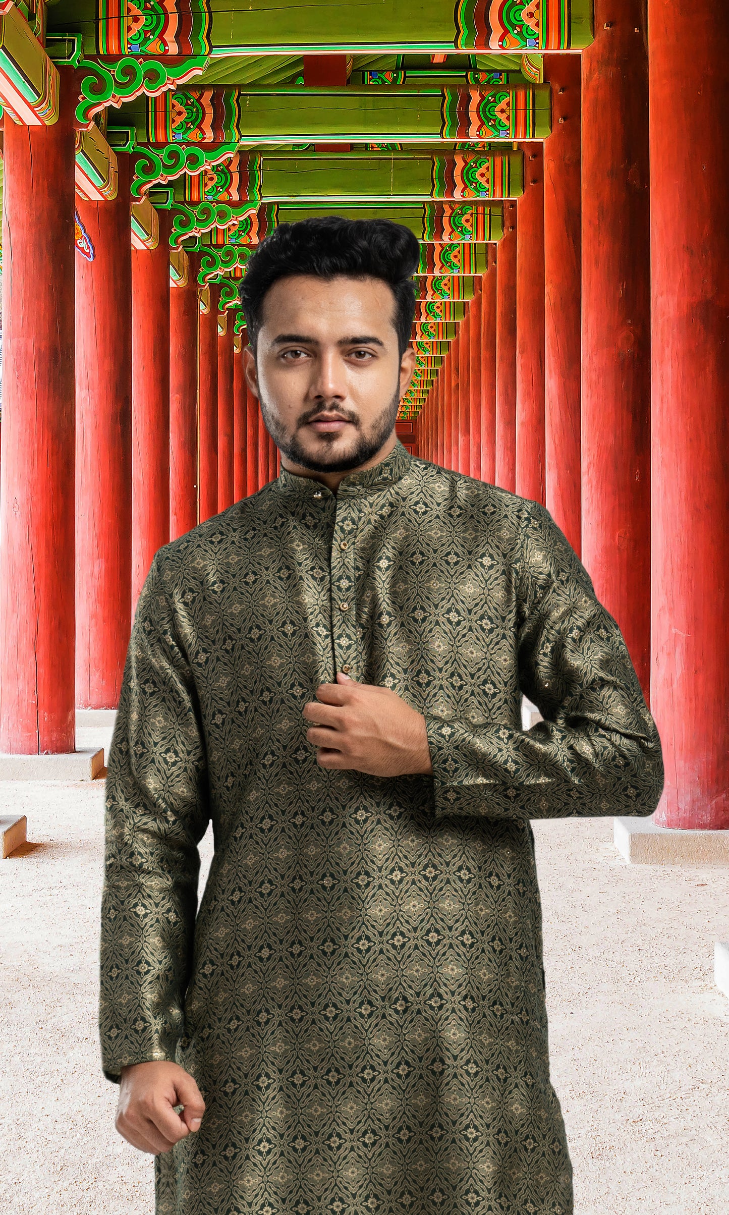 BOTTLE GREEN  MEDALLION WWEAVED KURTA WITH GOLDEN ZARI